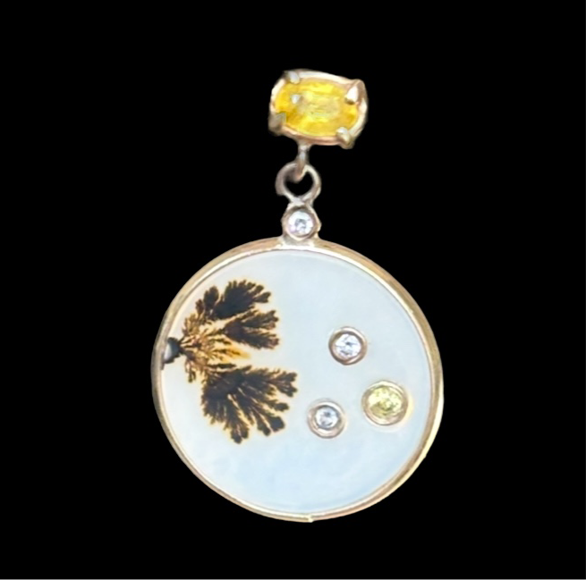 Dendritic Agate Earrings, with Yellow Sapphires and Diamonds