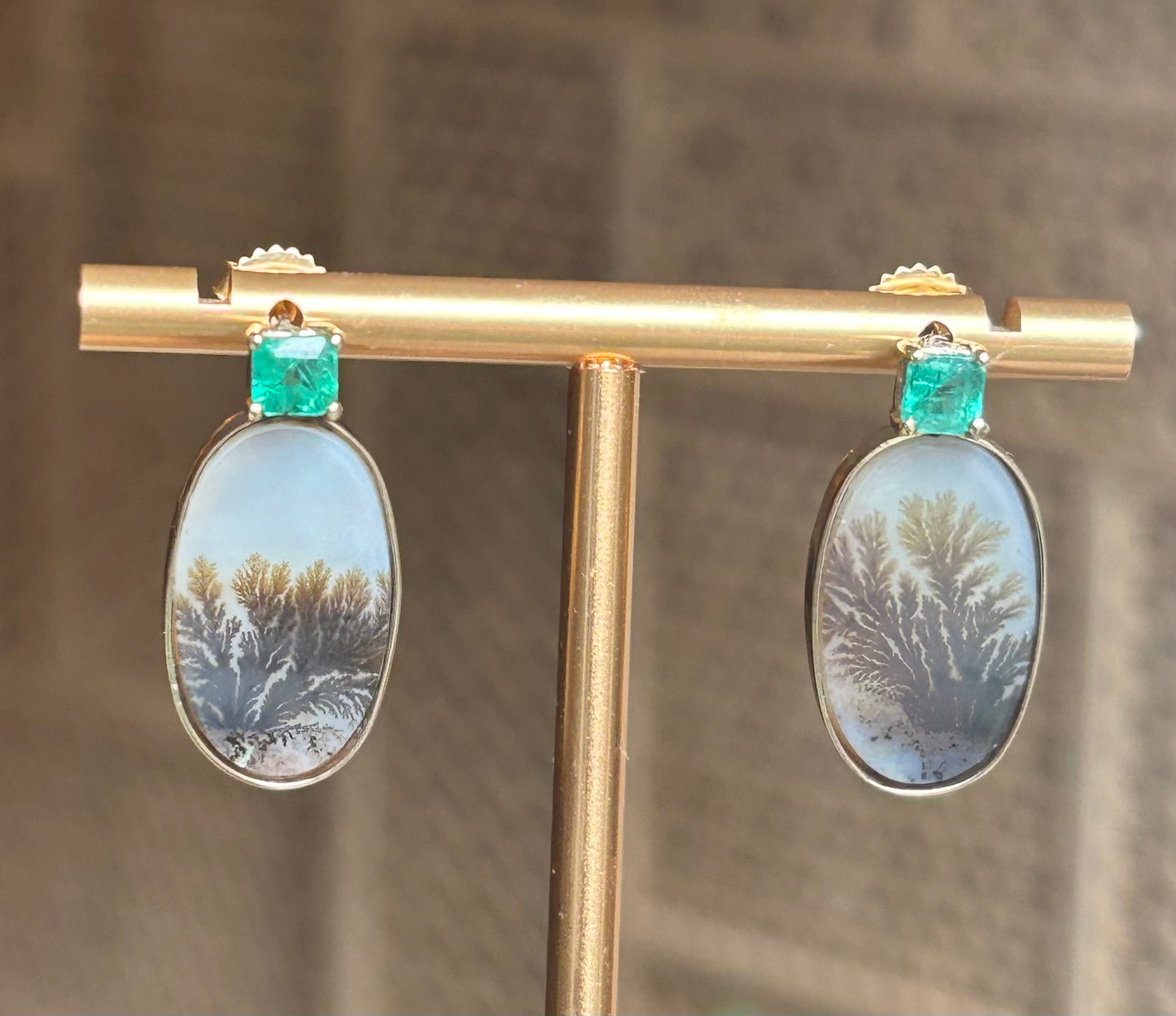 Dendritic Agate Earrings with Emeralds