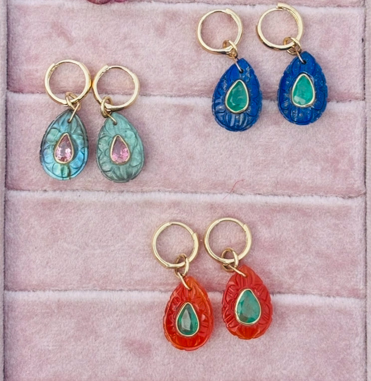 FLORA Petal Earrings: Carnelian, Emeralds & Diamonds