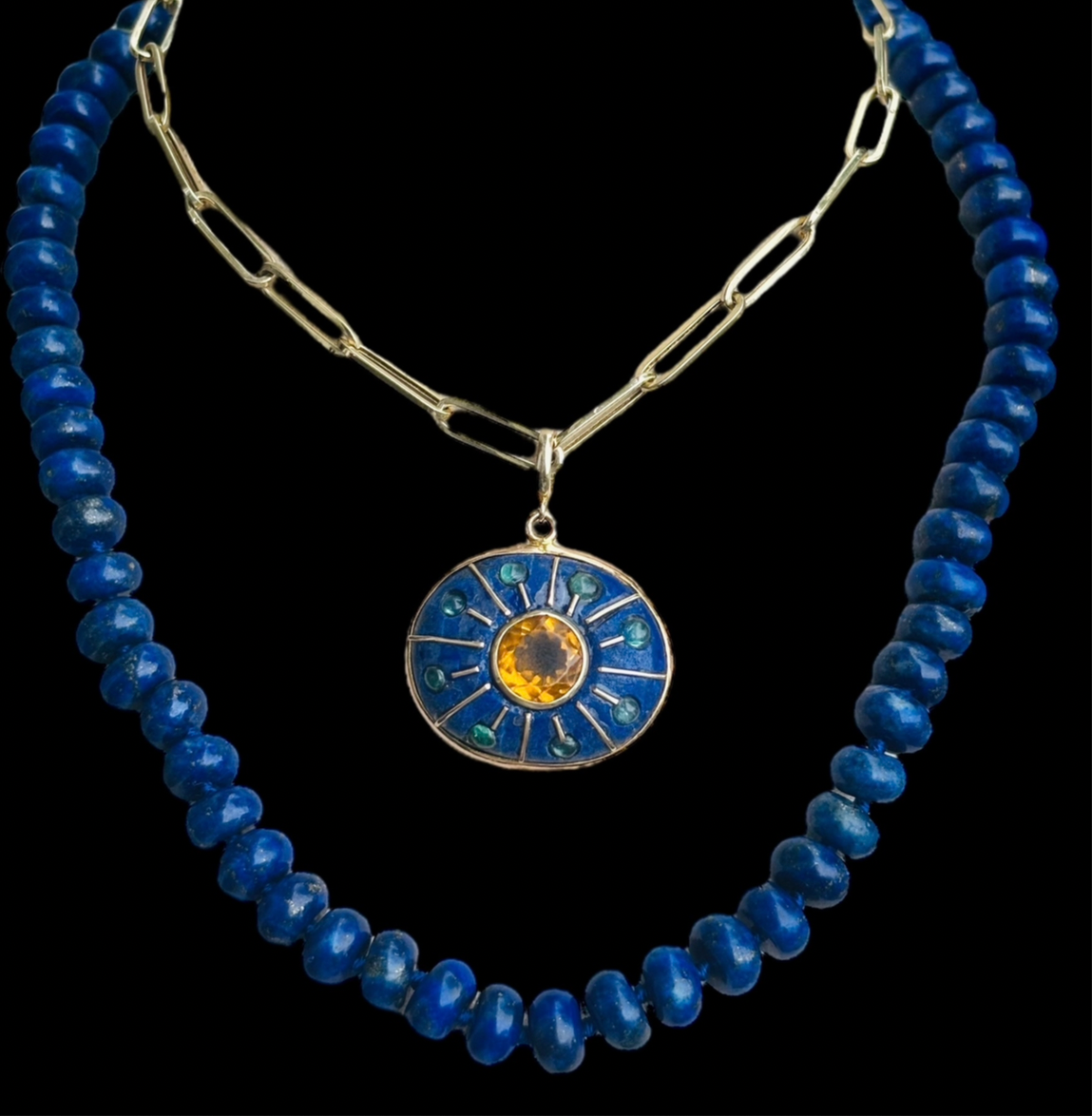 SOL Pendant, lapis, citrine & emeralds