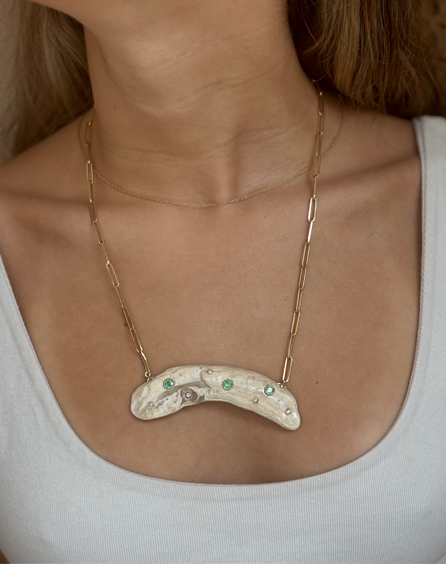 Natural Shell Necklace with Emeralds and Diamonds