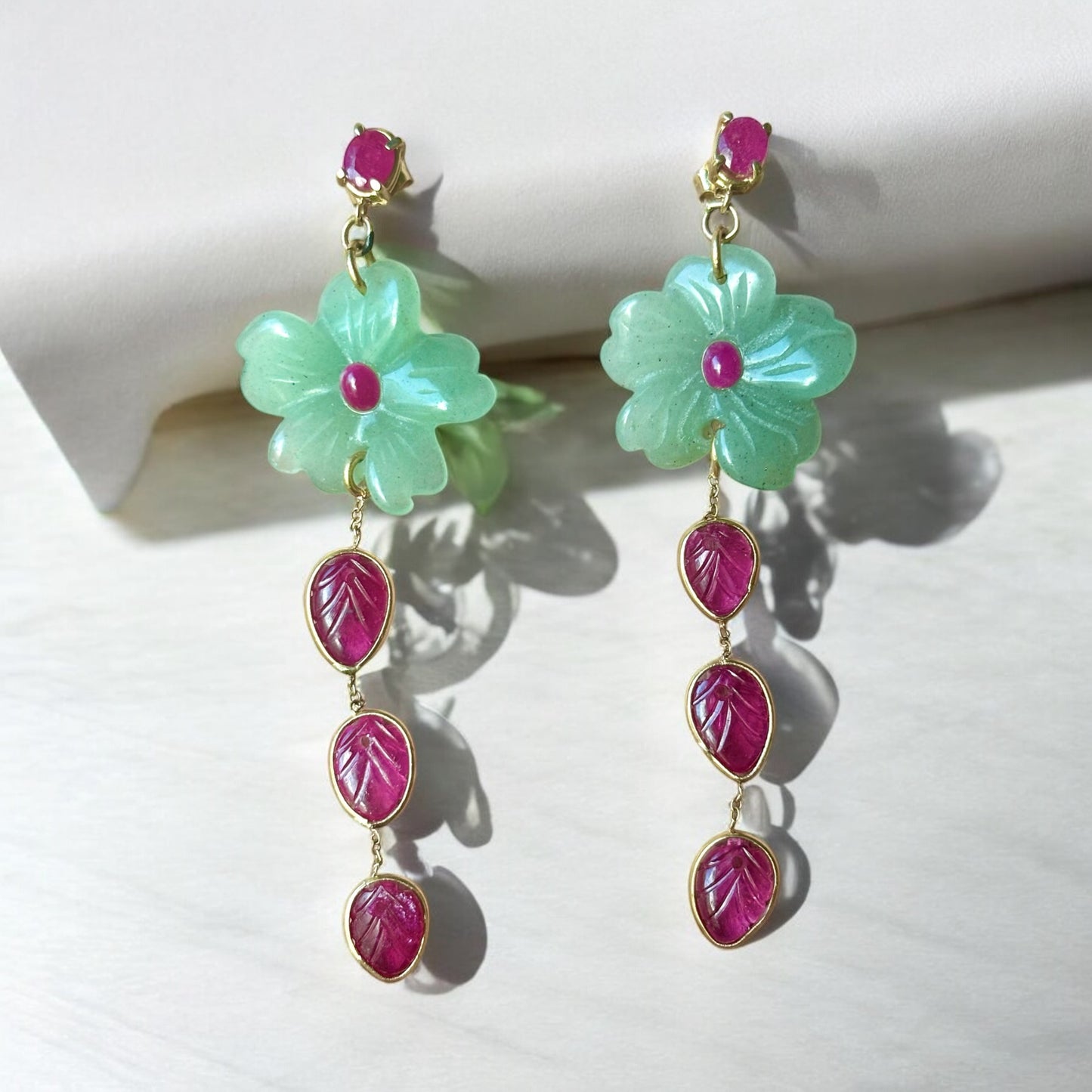FLORA Earrings, Green Aventurine & Rubies