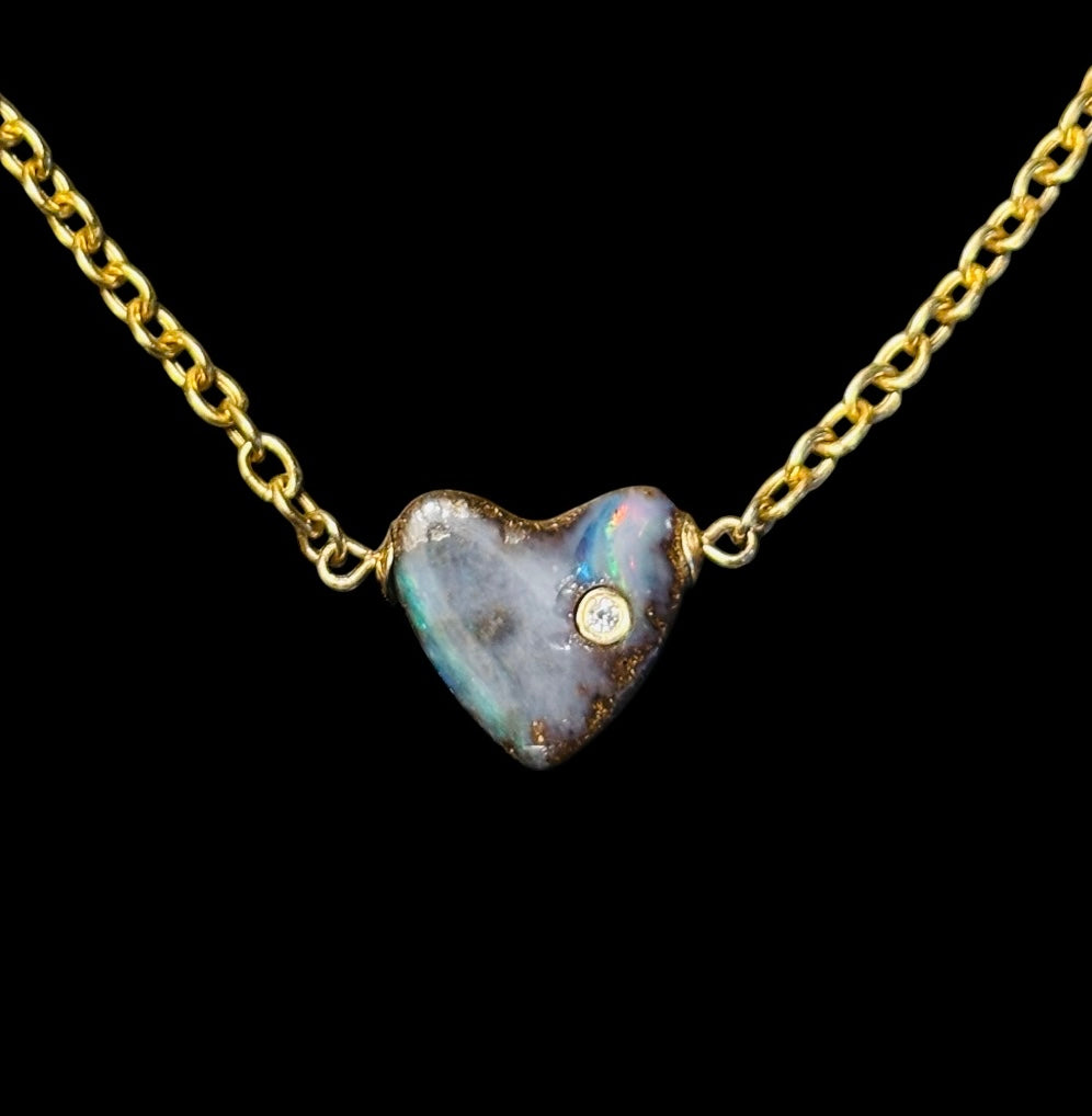 Australian Opal Heart Necklace with Diamond
