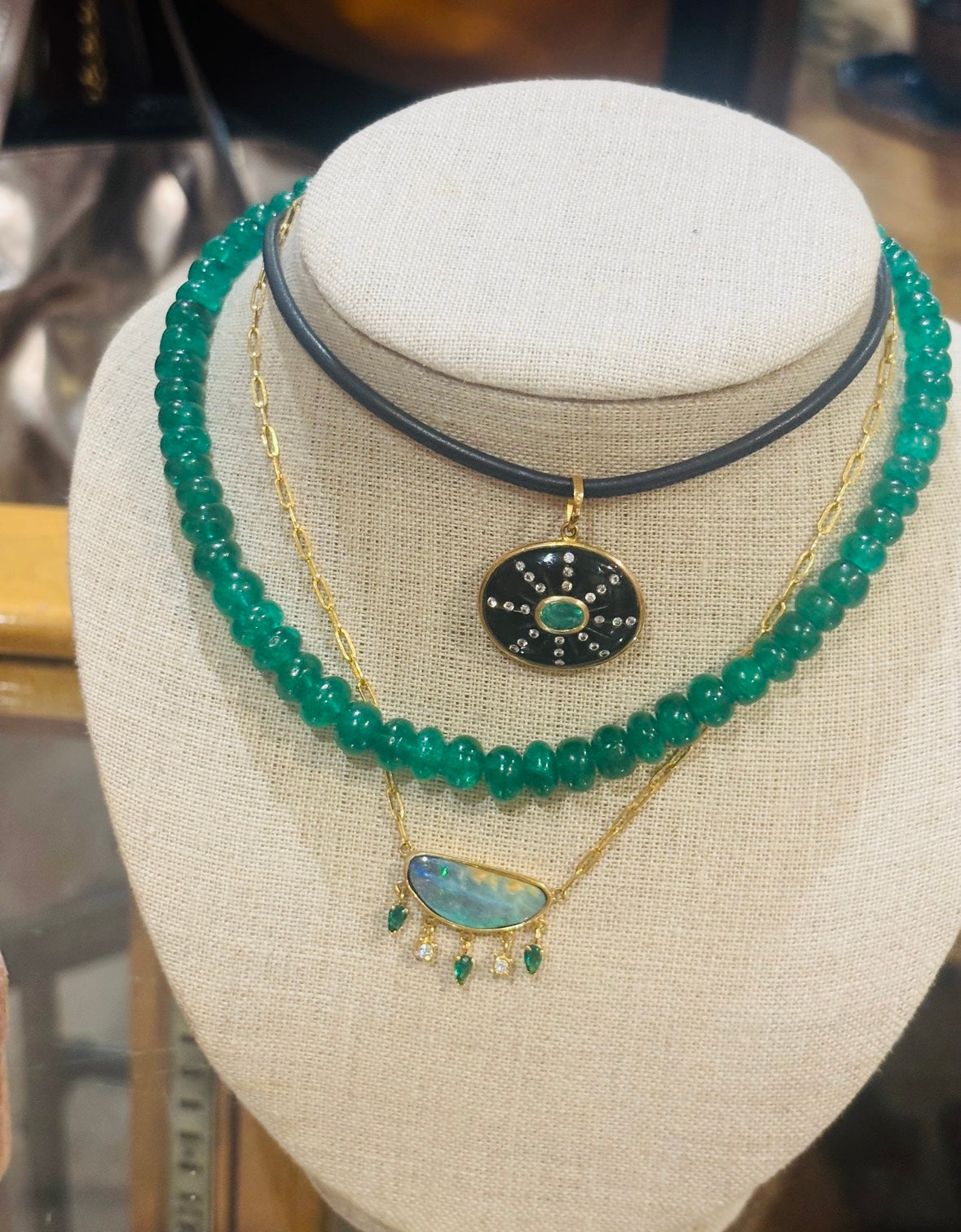 Australian Opal Necklace with Diamonds & Colombian Emeralds, 14k Paperclip Chain