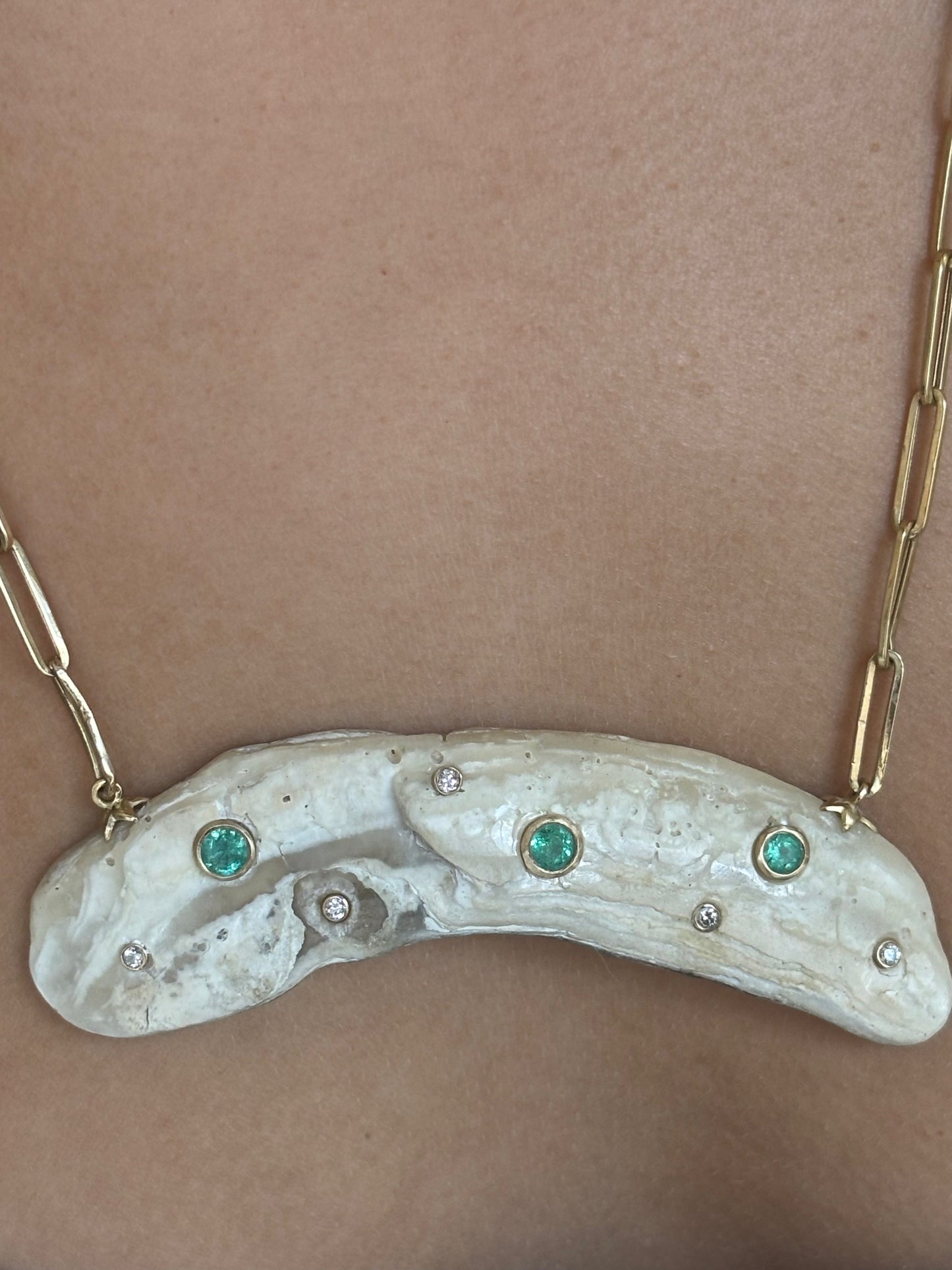 Natural Shell Necklace with Emeralds and Diamonds