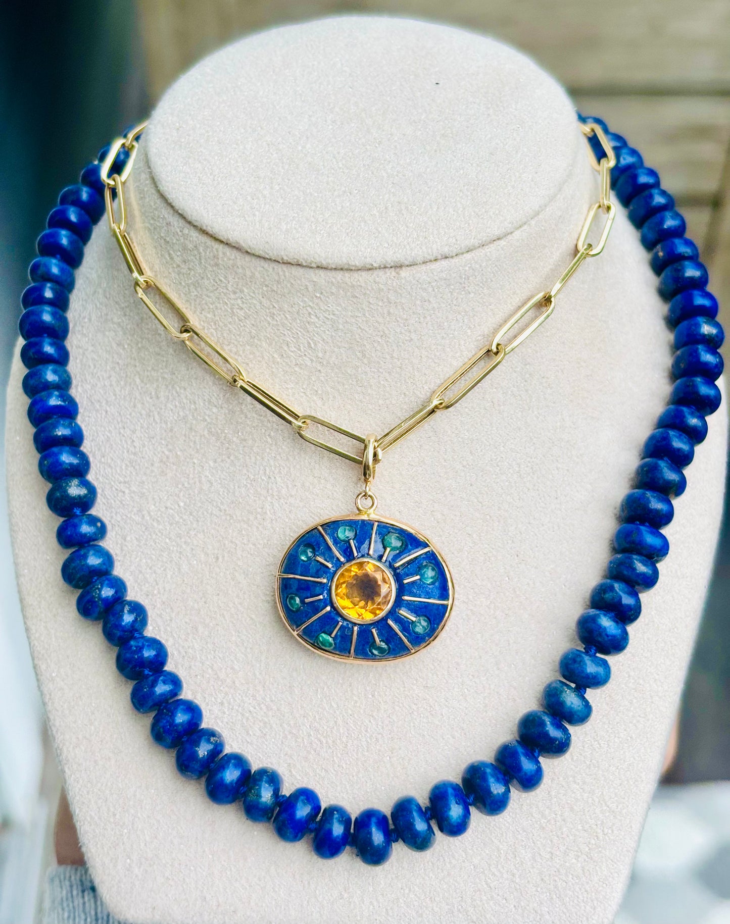 SOL Pendant, lapis, citrine & emeralds