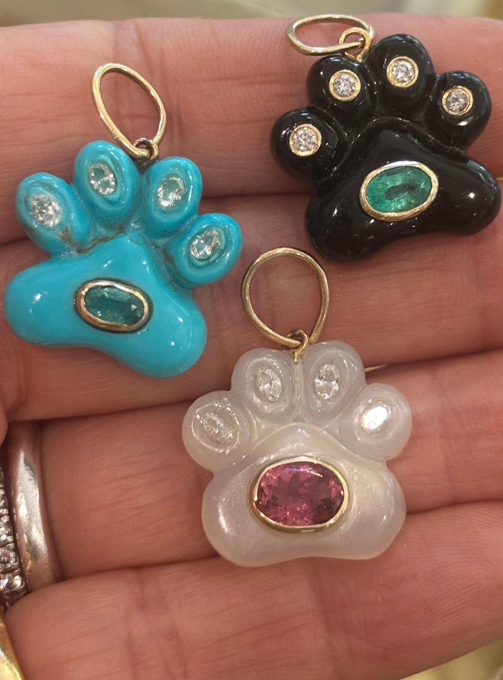 Dog Paw Pendant, Moonstone with Diamonds and Pink Tourmaline