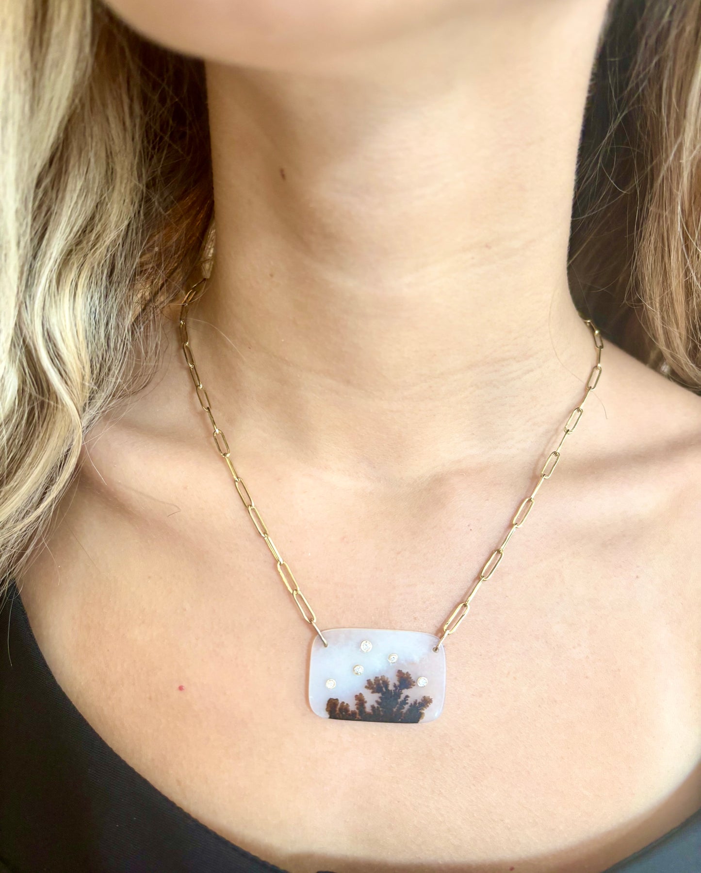 Dendritic Agate Necklace with Diamonds