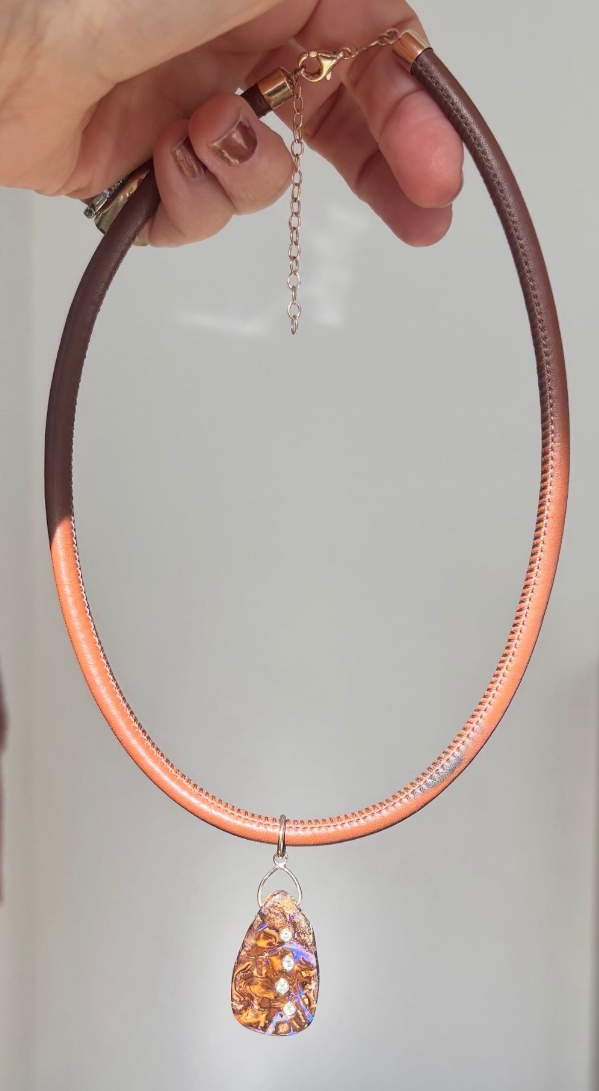 Australian Boulder Opal Pendant on Leather/14k Gold Cord
