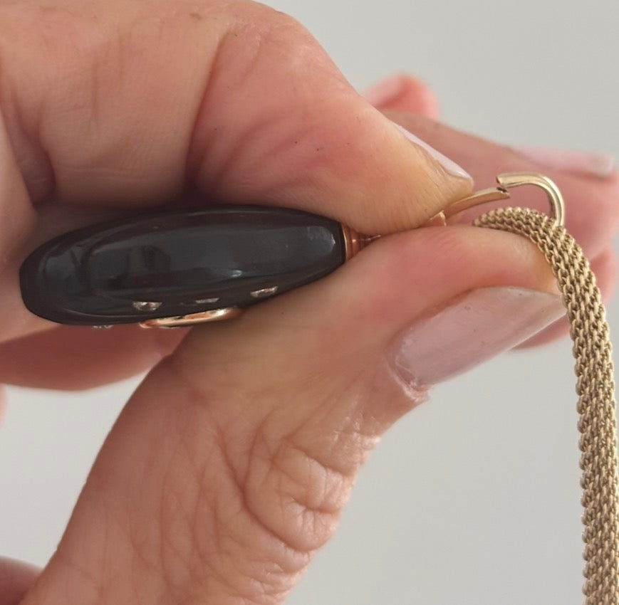 Black Onyx Shell Pendant with Brown Tourmaline, Diamonds & 14k Gold