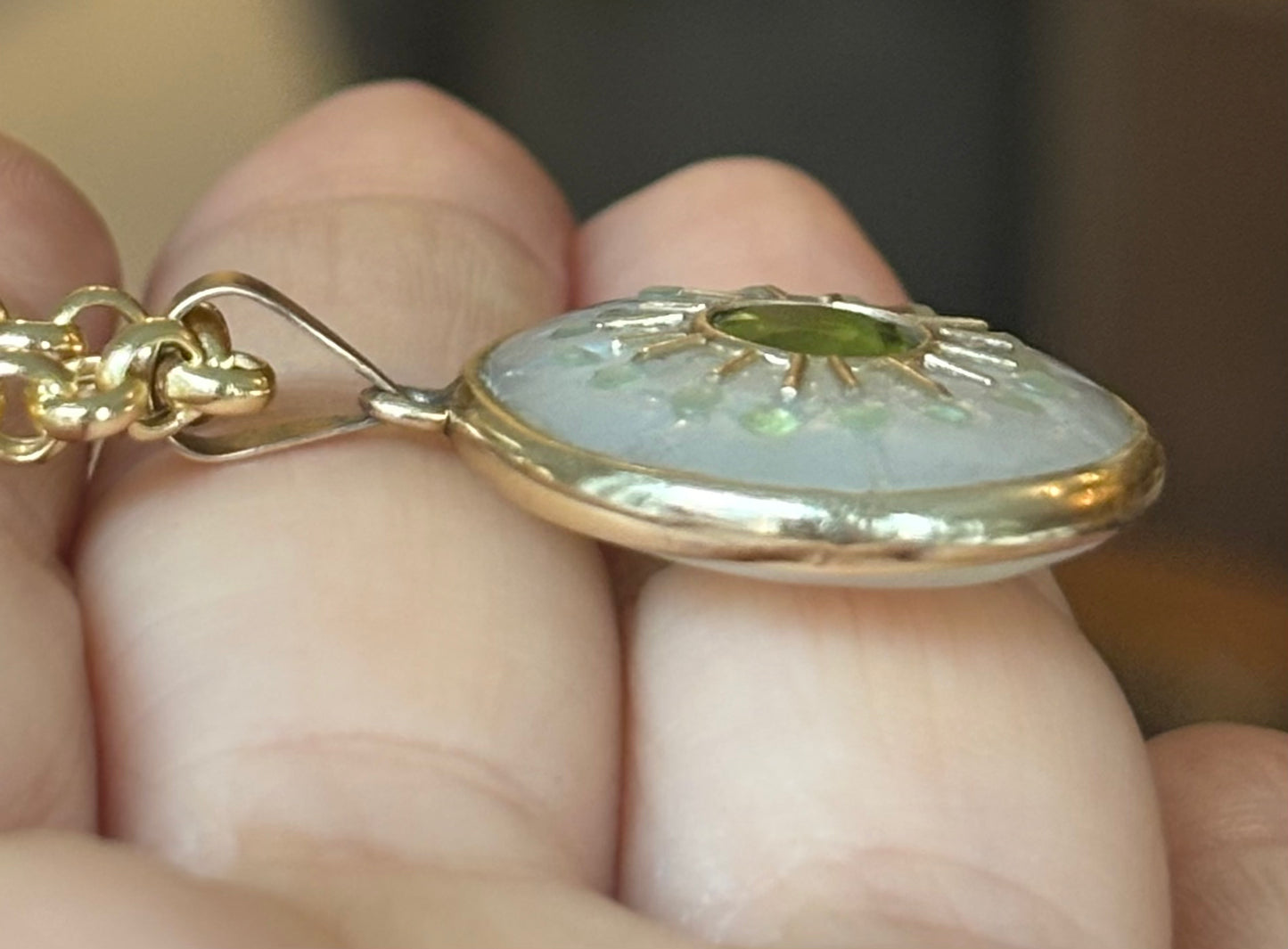 S O L pendant, moonstone & peridot