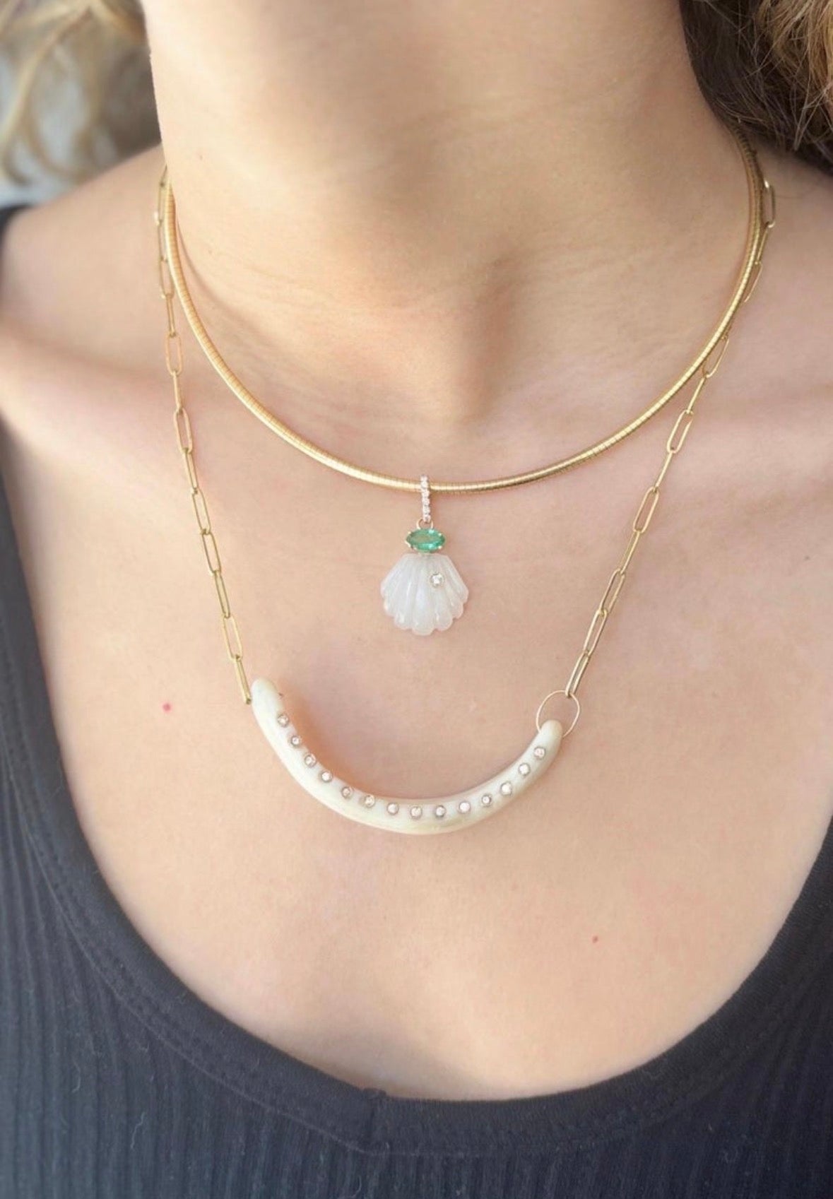 Smile Necklace, Shell, Diamonds & 14k Gold