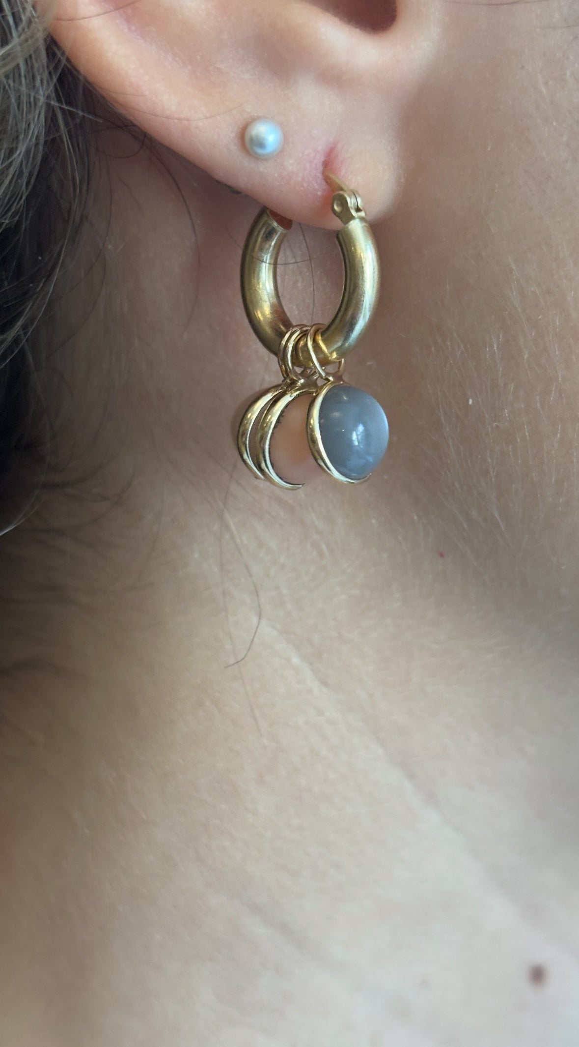 Hoop Charm Earrings with Moonstones and Coral