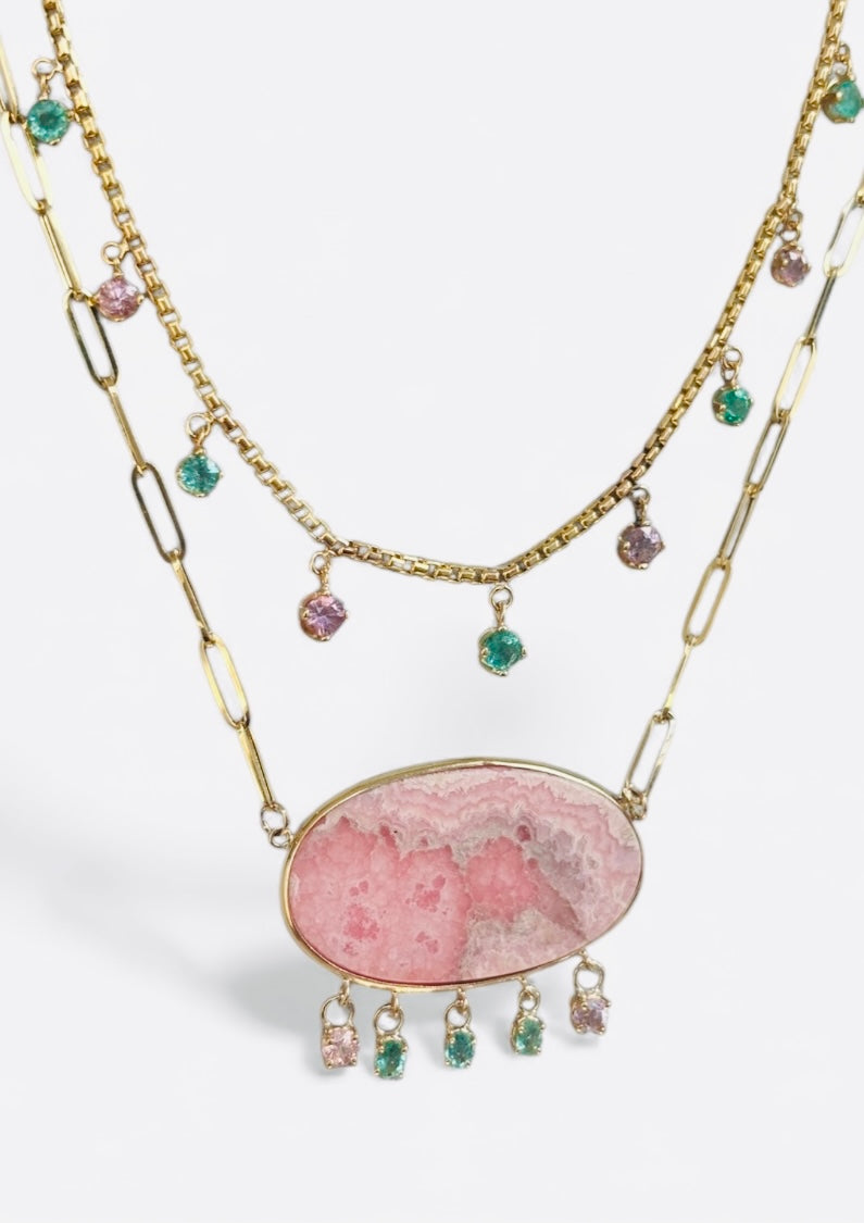 Rhodochrosite Necklace on Paperclip with Emeralds and Pink Spinels