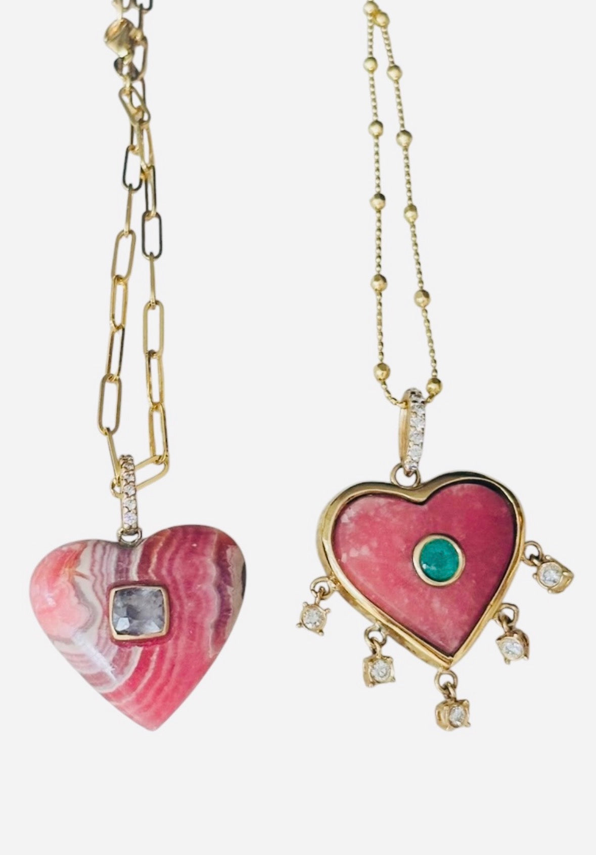 Rhodochrosite Heart Pendant with Emerald & Diamonds