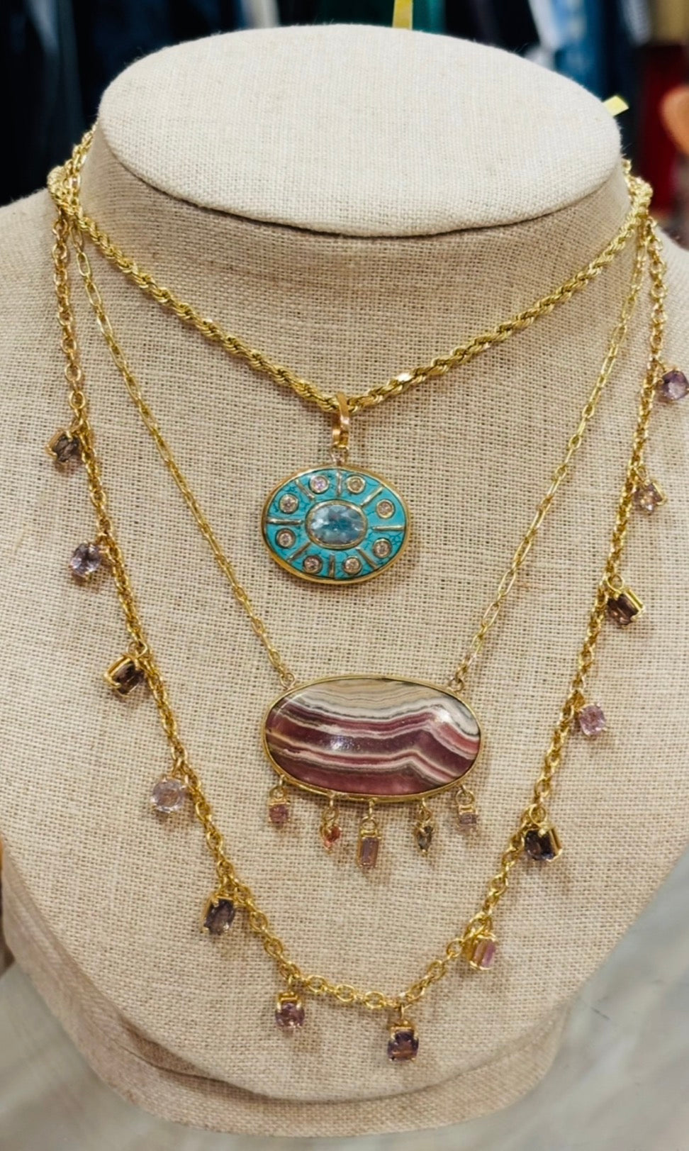 Rhodochrosite and Spinel Necklace with 14k Gold