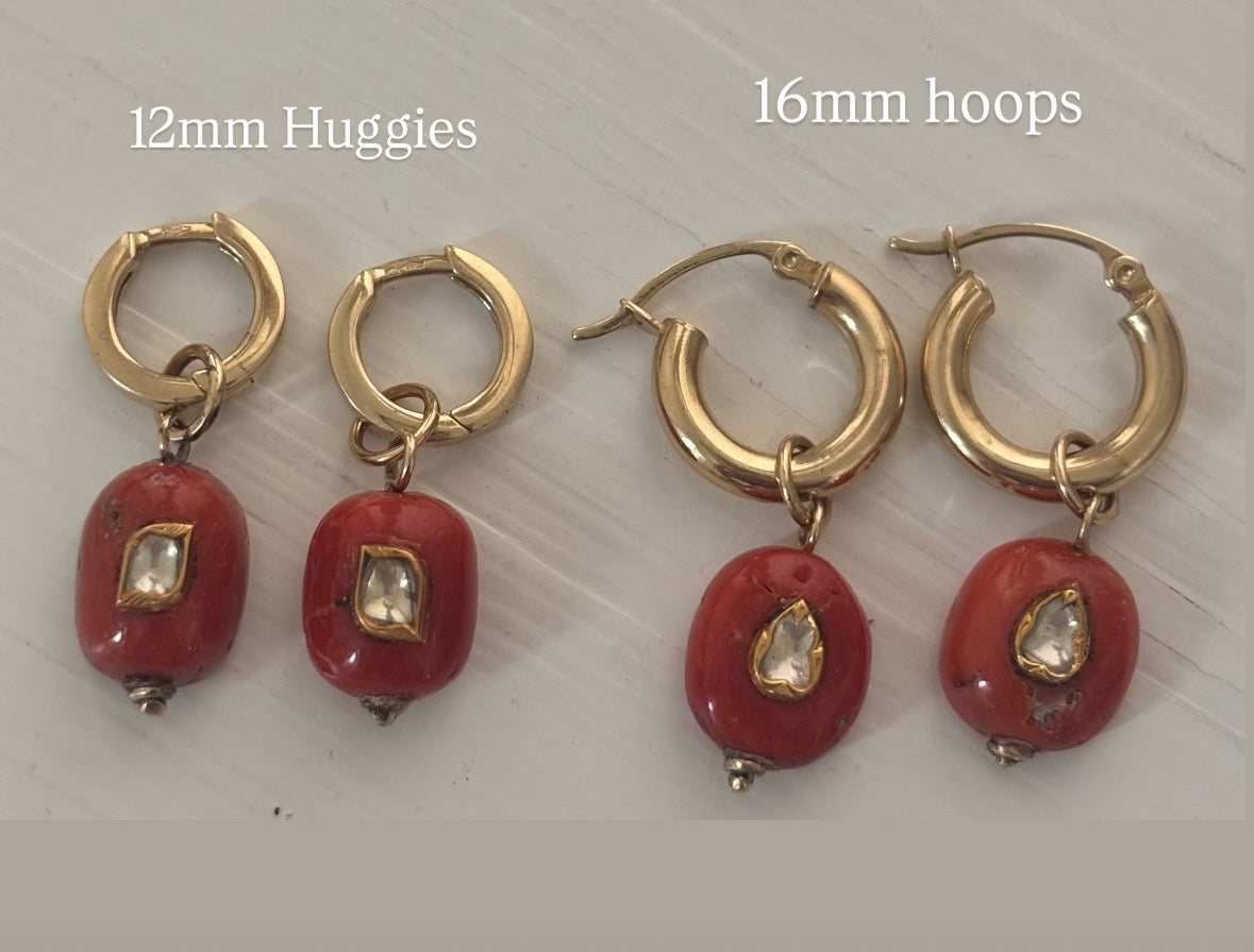 Coral and Polki Diamond Earrings, 12mm Gold Huggie
