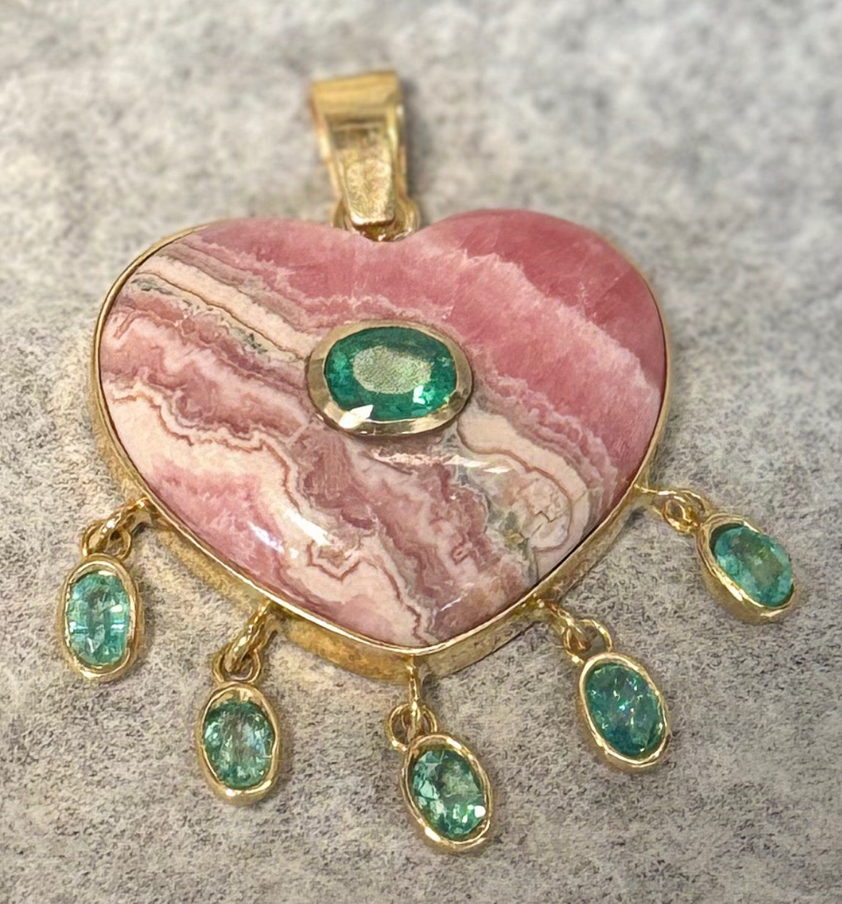 Rhodochrosite Large Heart Pendant with Center & Dangling Emeralds