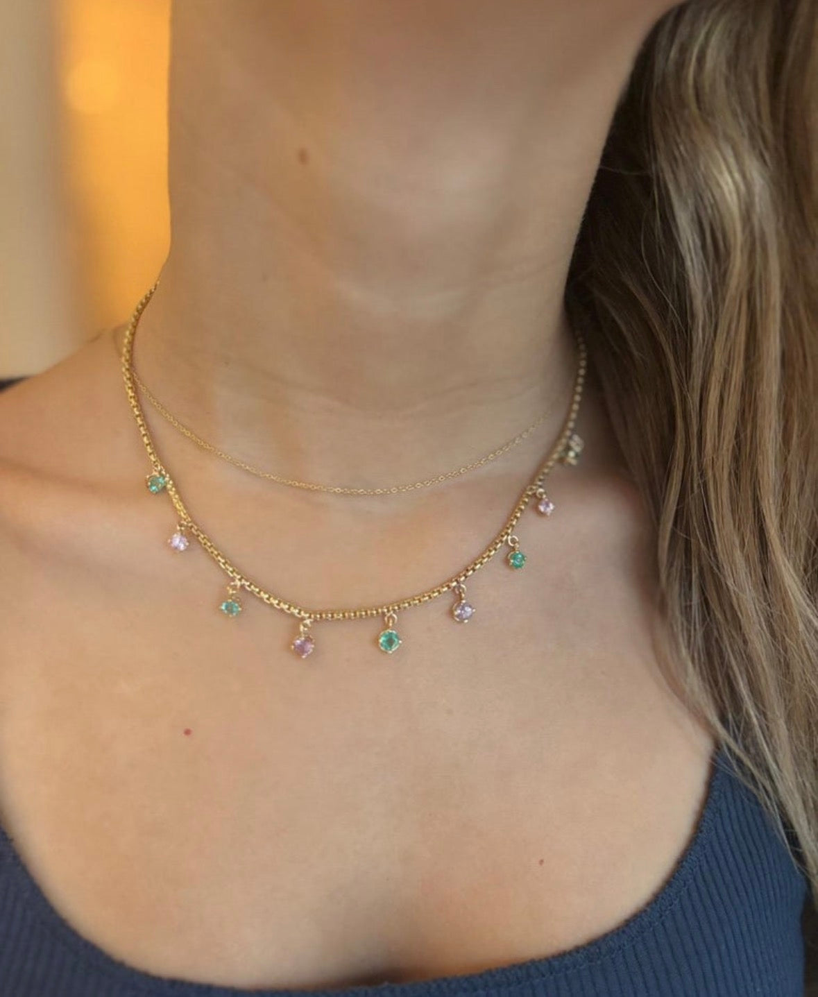 Emerald & Pink Spinel Fringe Necklace, 14k Gold