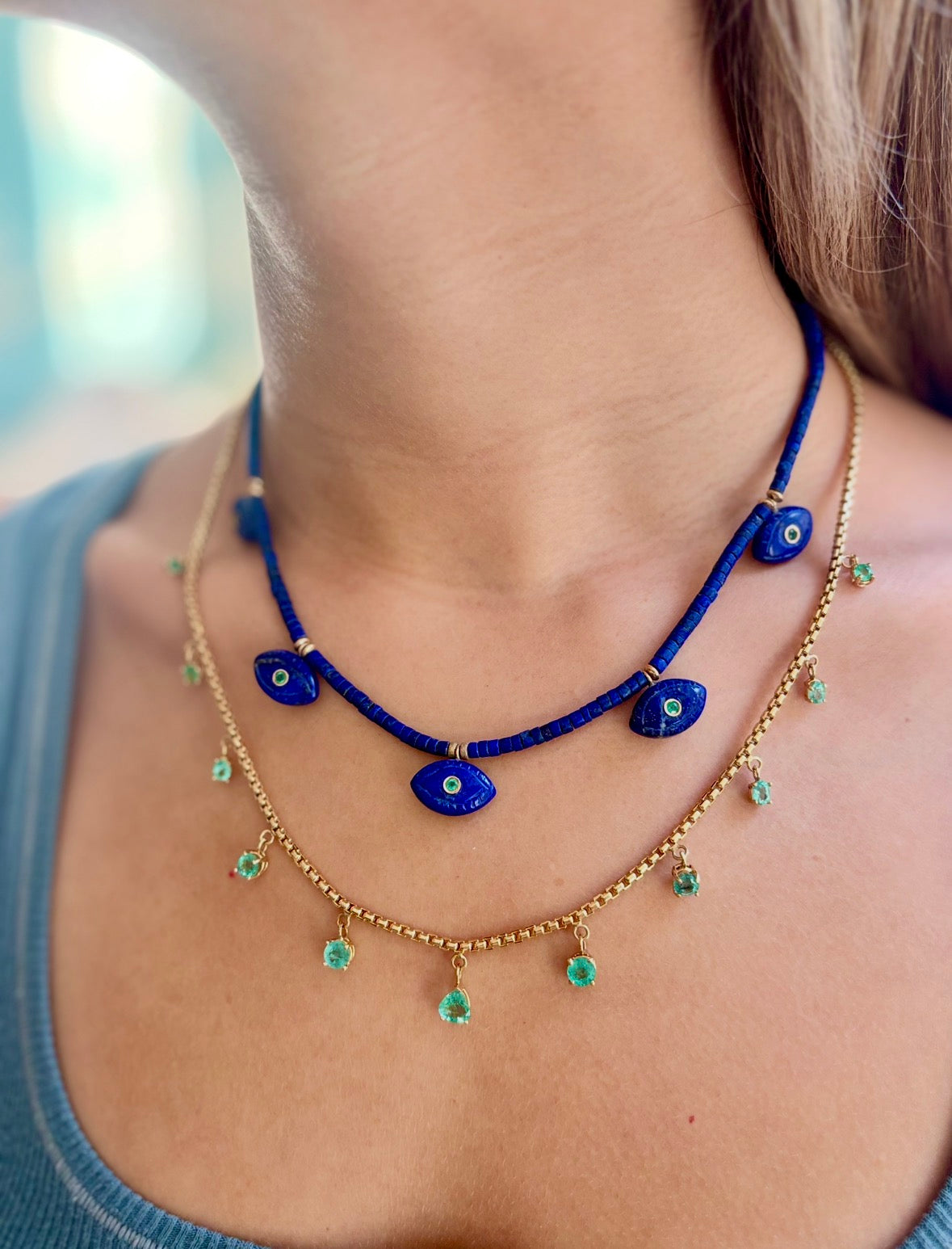 Lapis Evil EyeS Necklace with Diamonds & Emeralds
