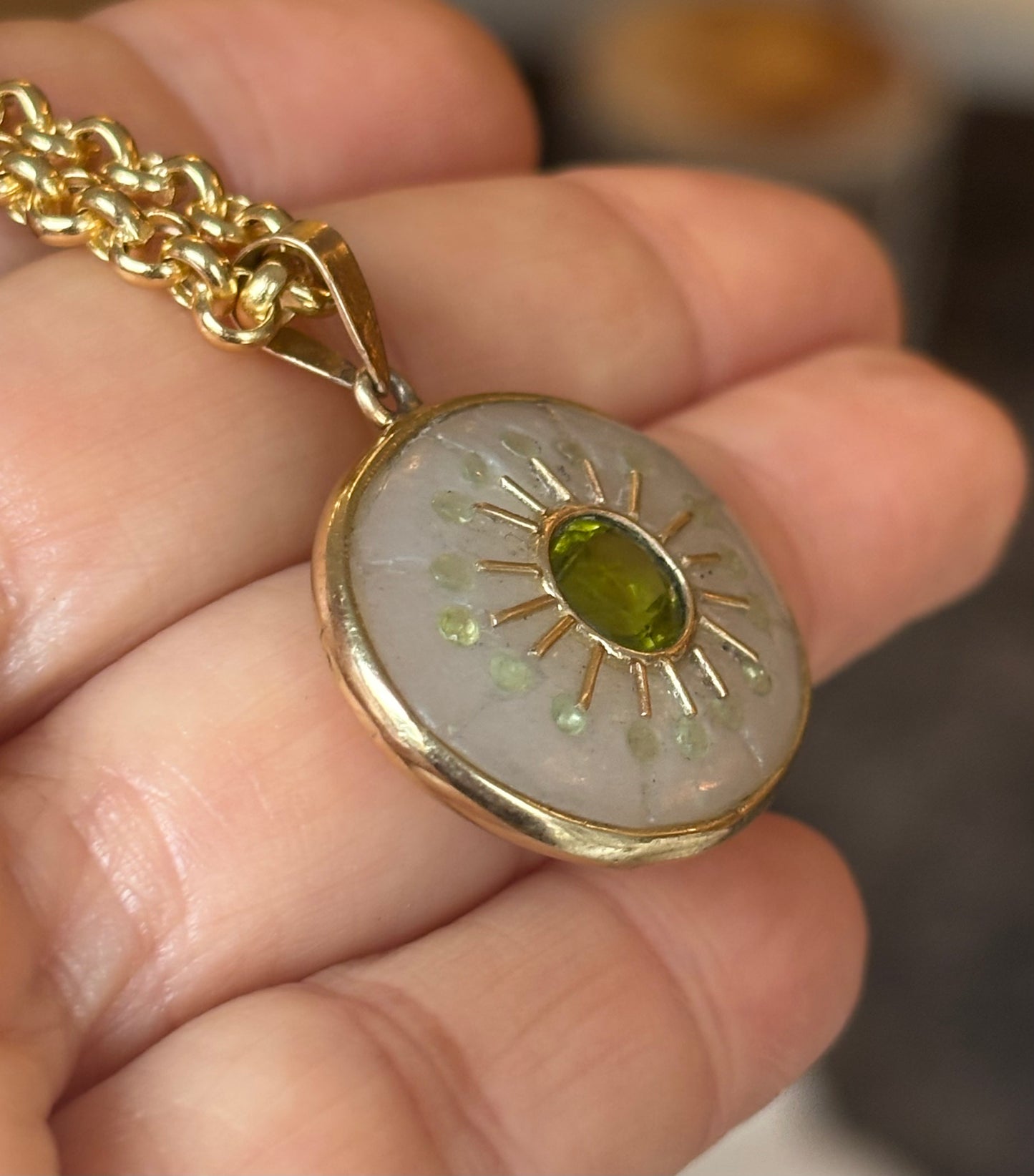 S O L pendant, moonstone & peridot