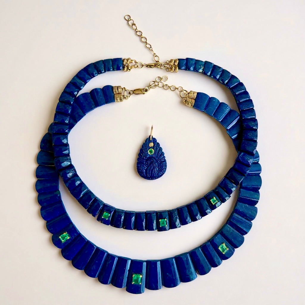 Lapis Peacock Pendant with Emerald & Diamond
