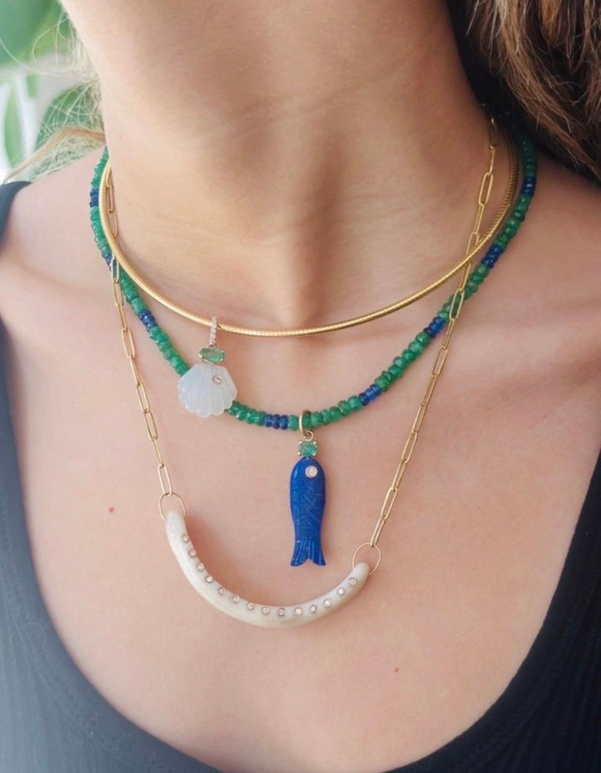 Moonstone Shell Pendant with Diamonds, Emerald and 14k Gold