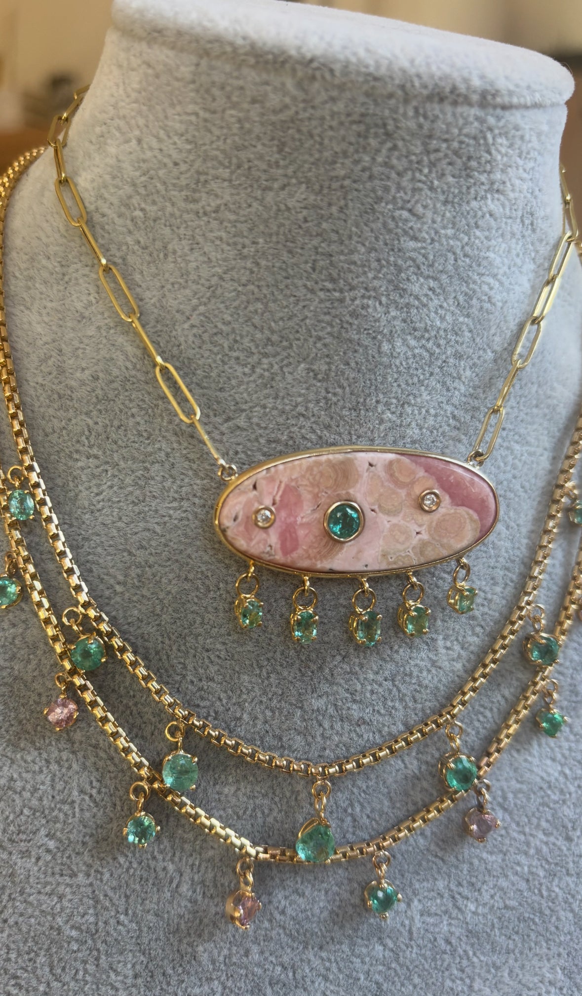 Rhodochrosite Necklace, with Emeralds & Diamonds on a Paperclip Chain