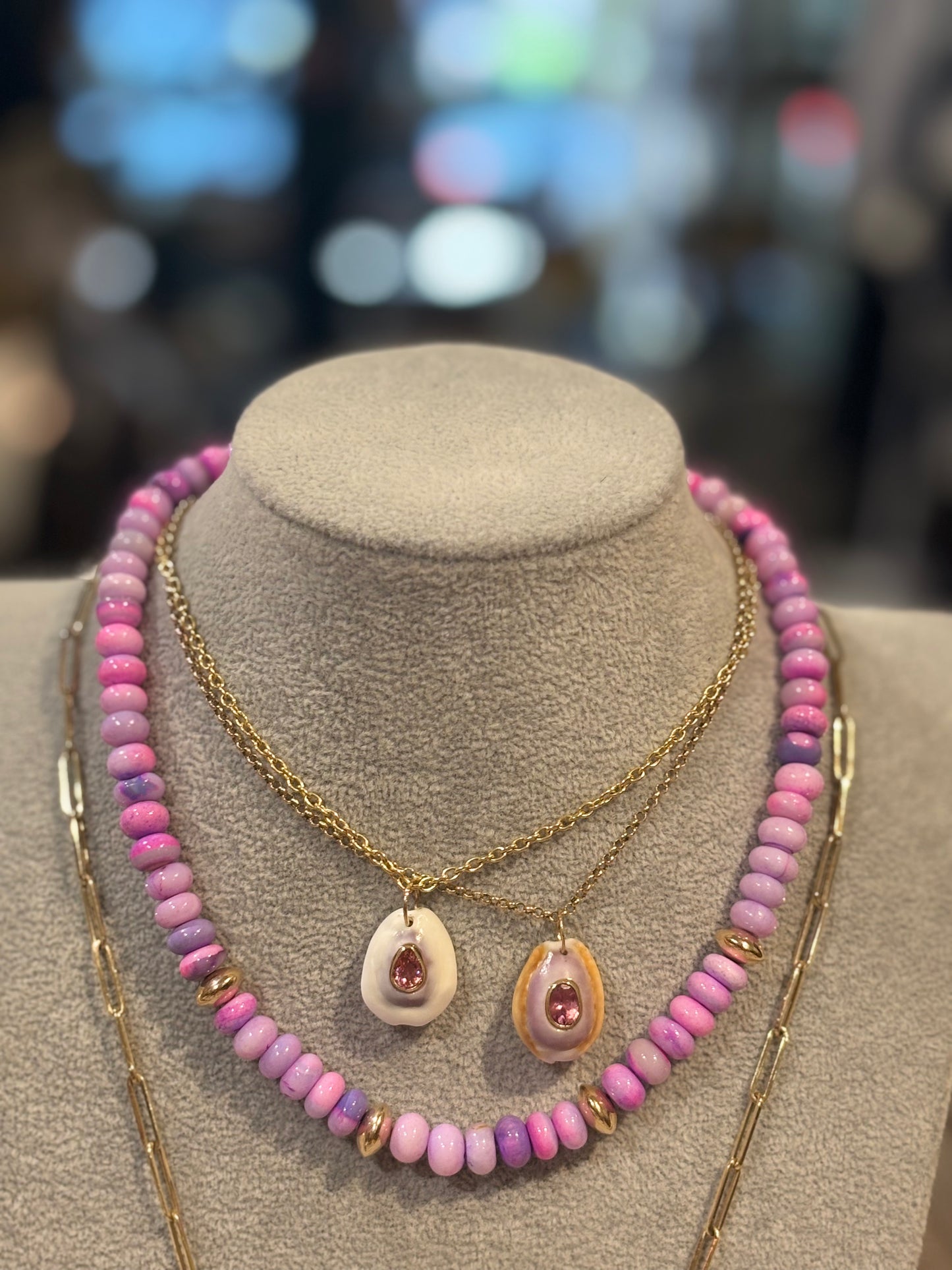 Pink/Lavender Opal Necklace with Gold