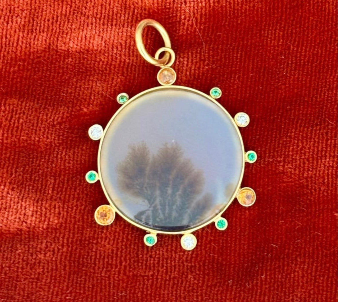 Dendritic Agate Pendant with Emeralds, Mandarin Garnets and 14k Gold