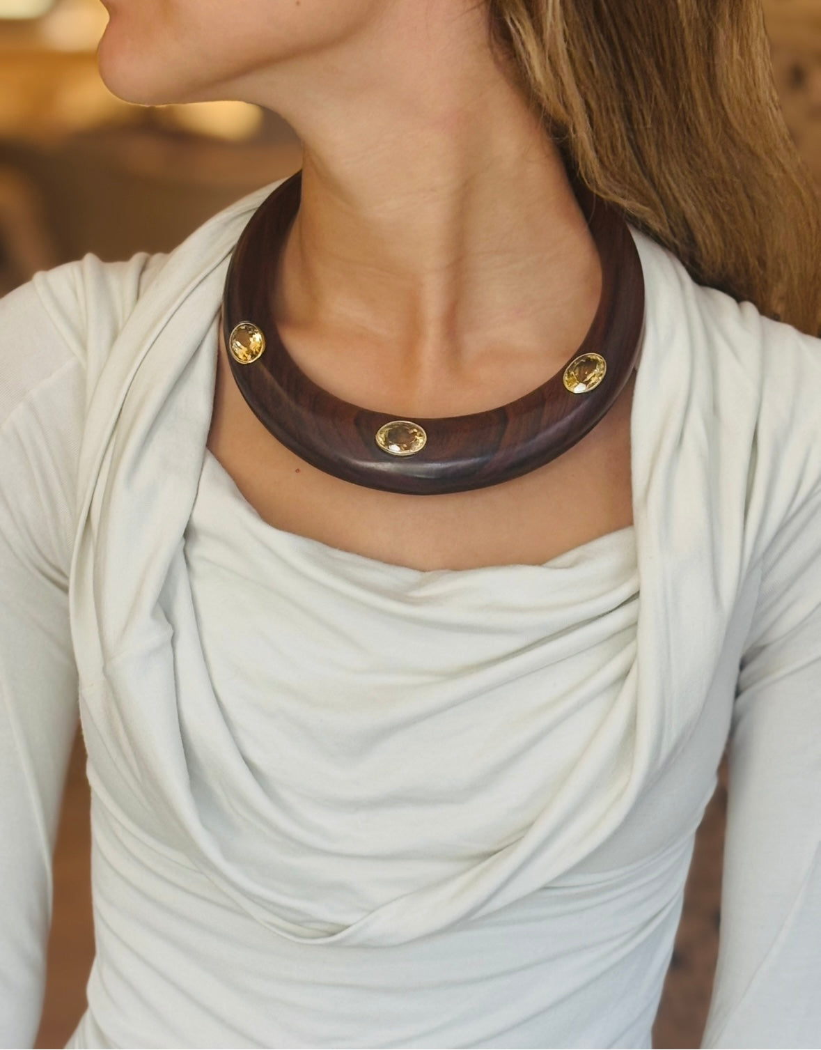 Wood Collar Necklace with Citrines, flat back