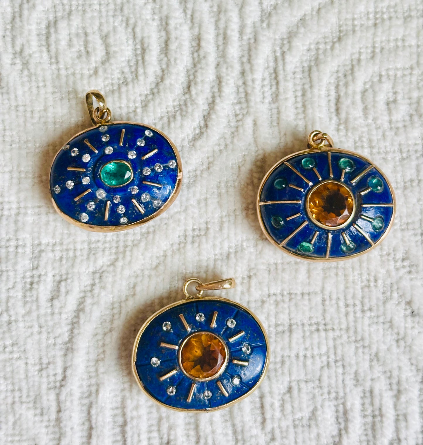 SOL Pendant, lapis, citrine & emeralds