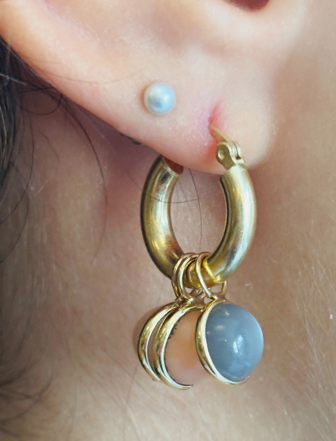 Hoop Charm Earrings with Moonstones and Coral
