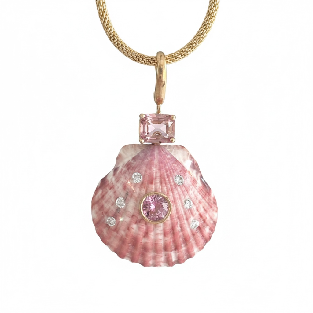 Shell Pendant with Pink Tourmaline & Diamonds