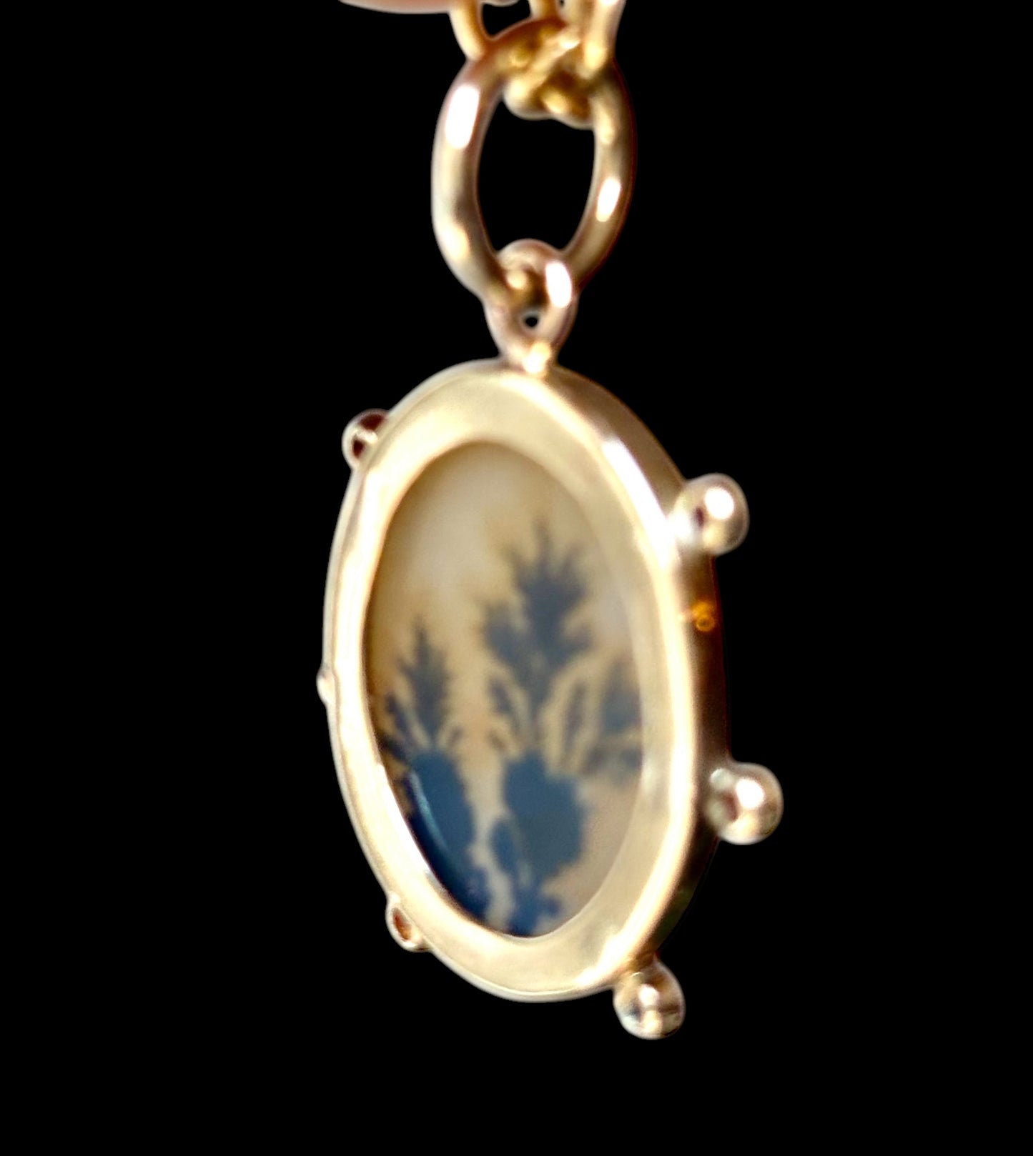 Dendritic Agate Pendant, Deep Pink Sapphires & 14k Gold