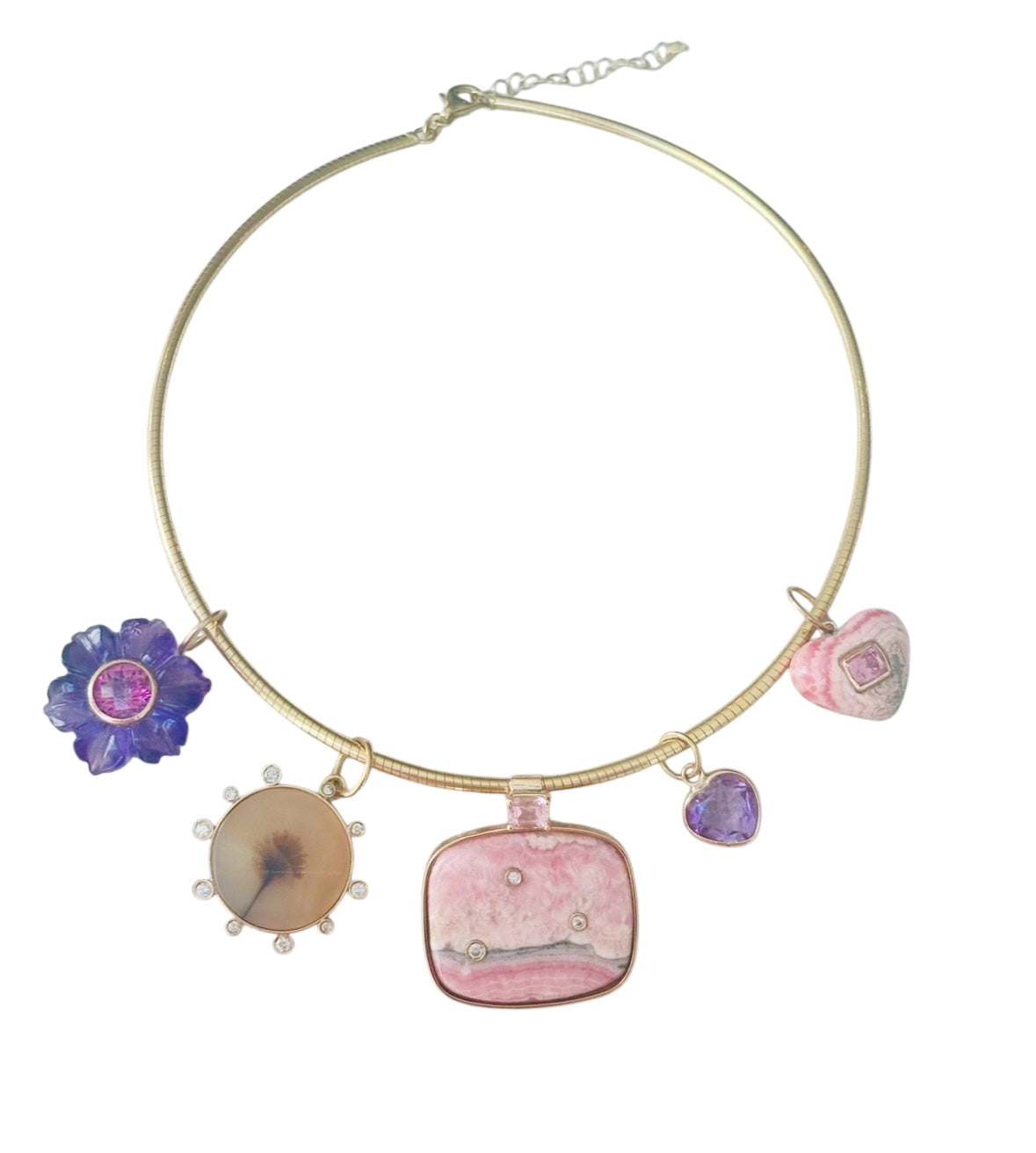 Rhodochrosite Heart Charm with Pink Spinel on a Pyrite Necklce