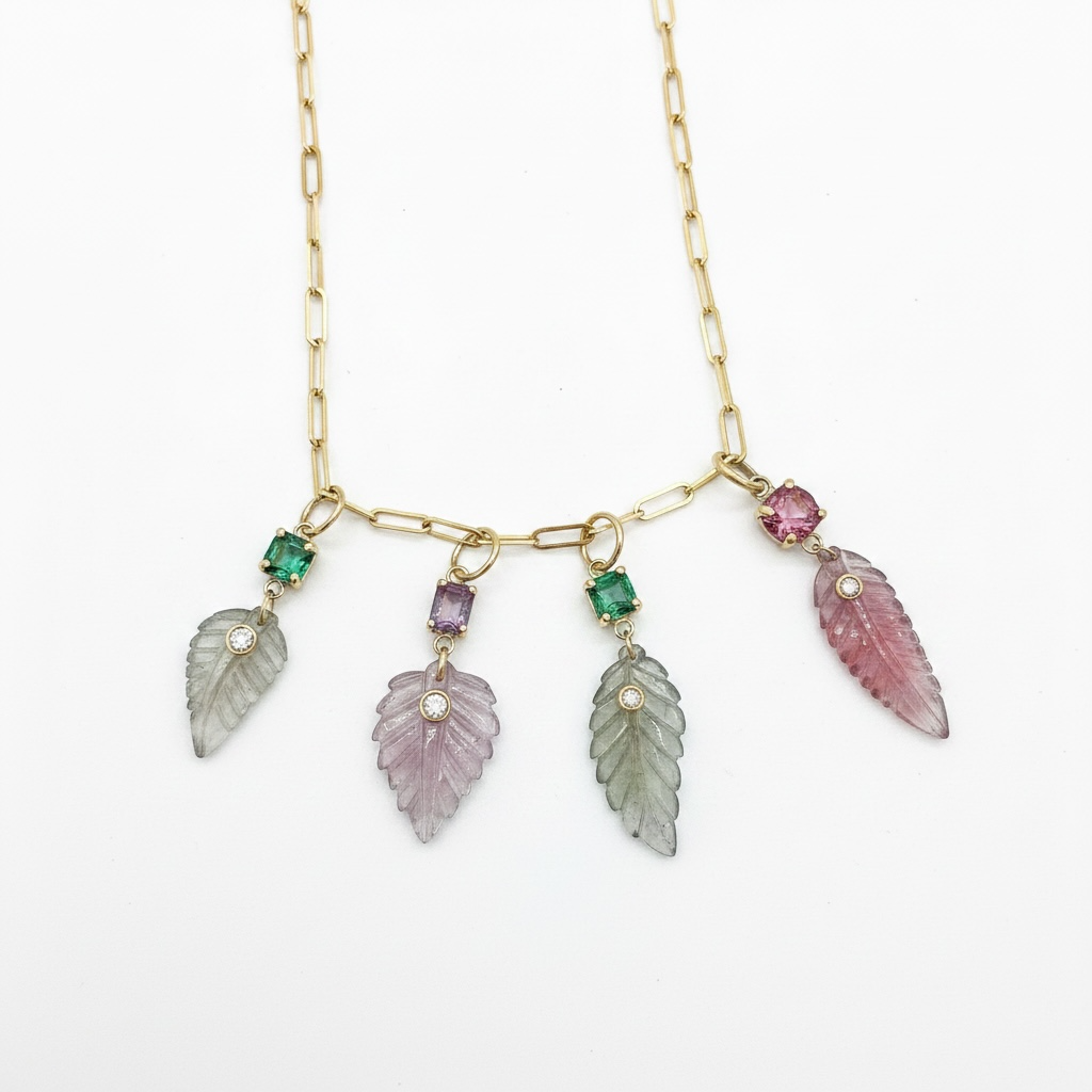 Tourmaline Leaf Pendant with Diamond, Pink & Grey