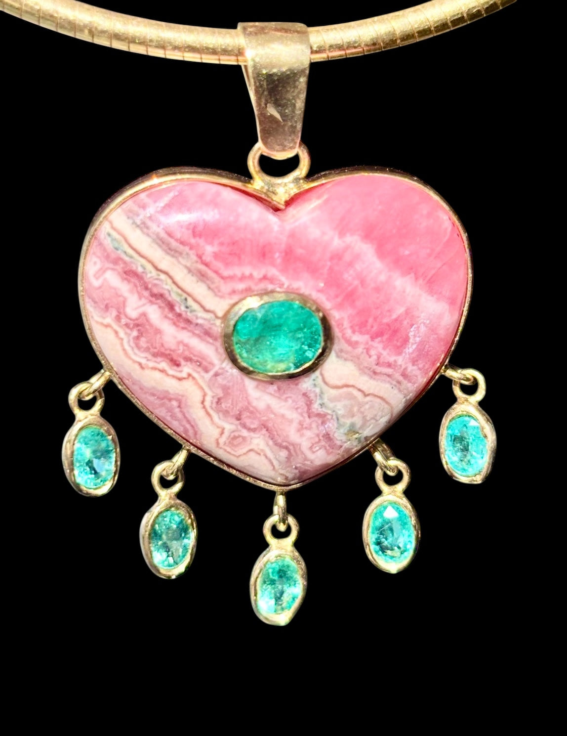 Rhodochrosite Large Heart Pendant with Emeralds