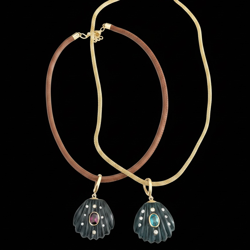 Black Onyx Shell Pendant with Emerald, Diamonds & 14k Gold