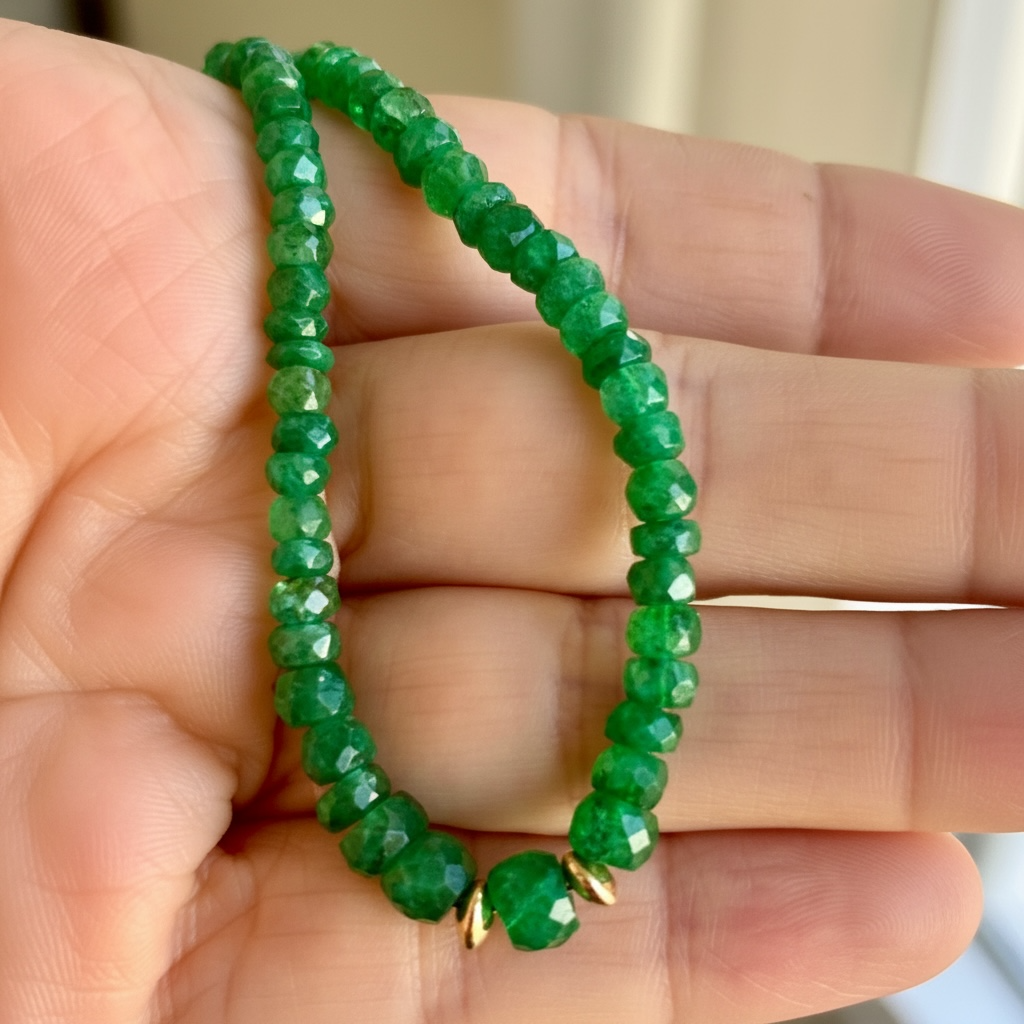 Emerald and 14k Gold Rondelle Beaded Necklace, 16”