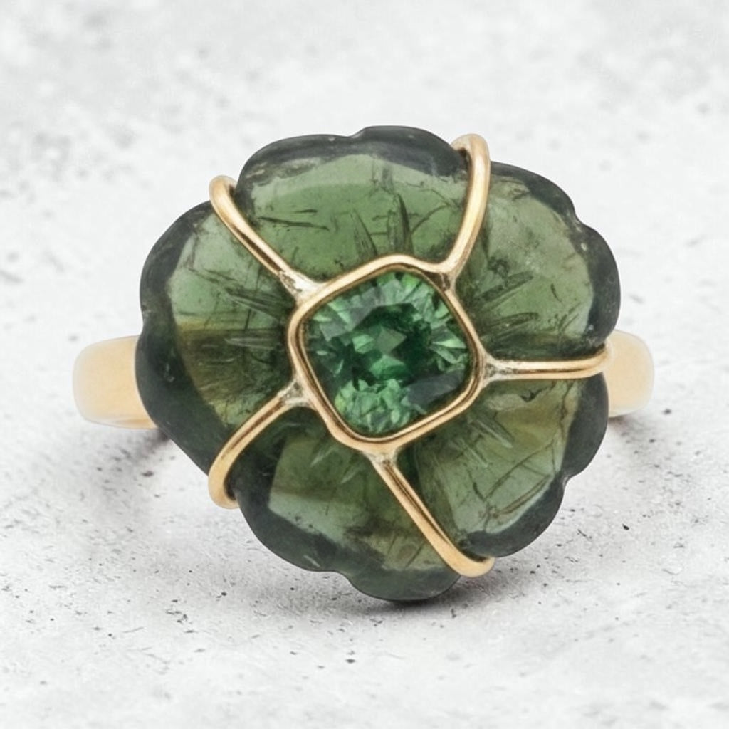 Green Tourmaline FLORA Ring, 14k Gold
