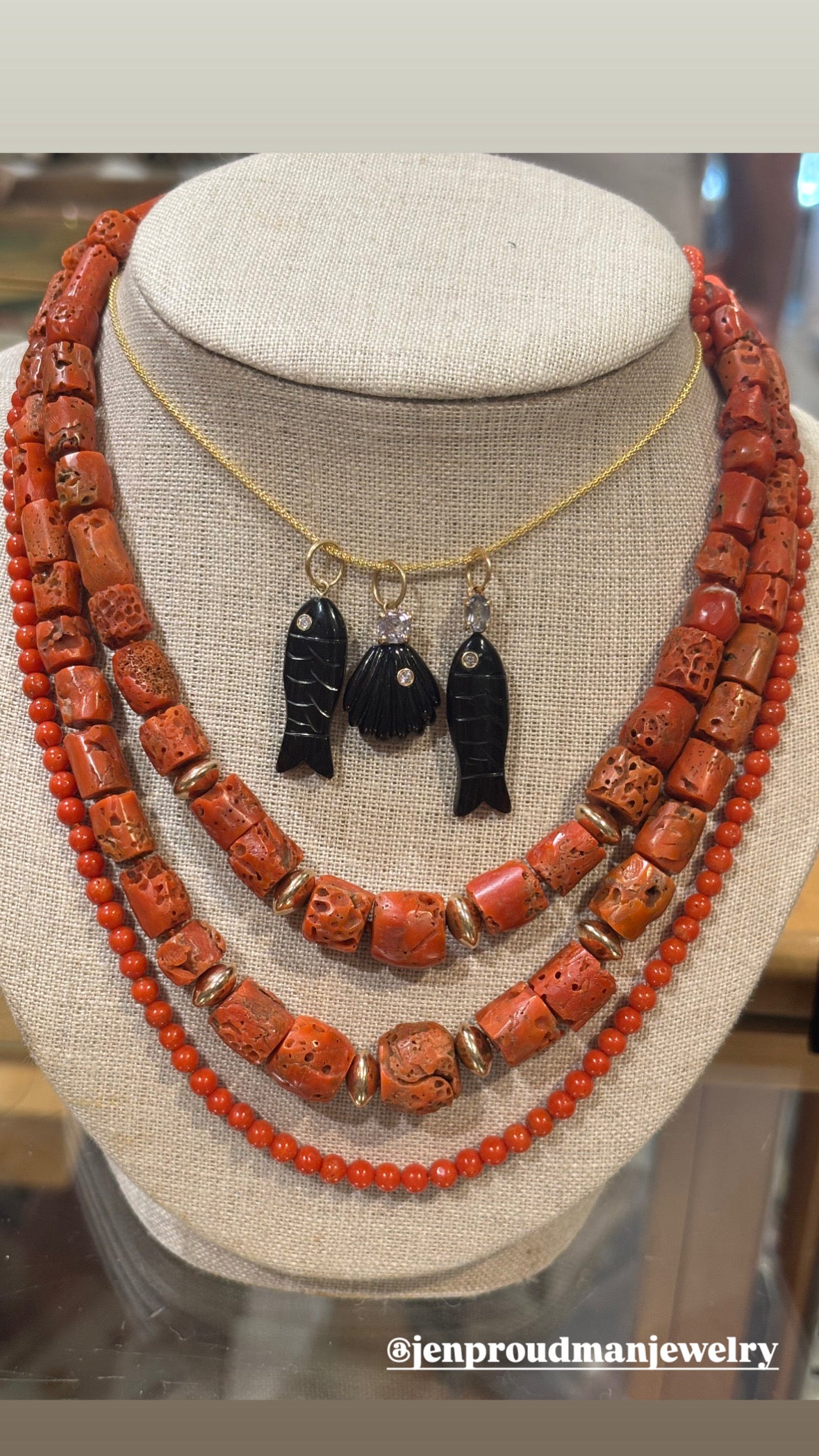 Coral and 14k Gold Bead Necklace, 16”