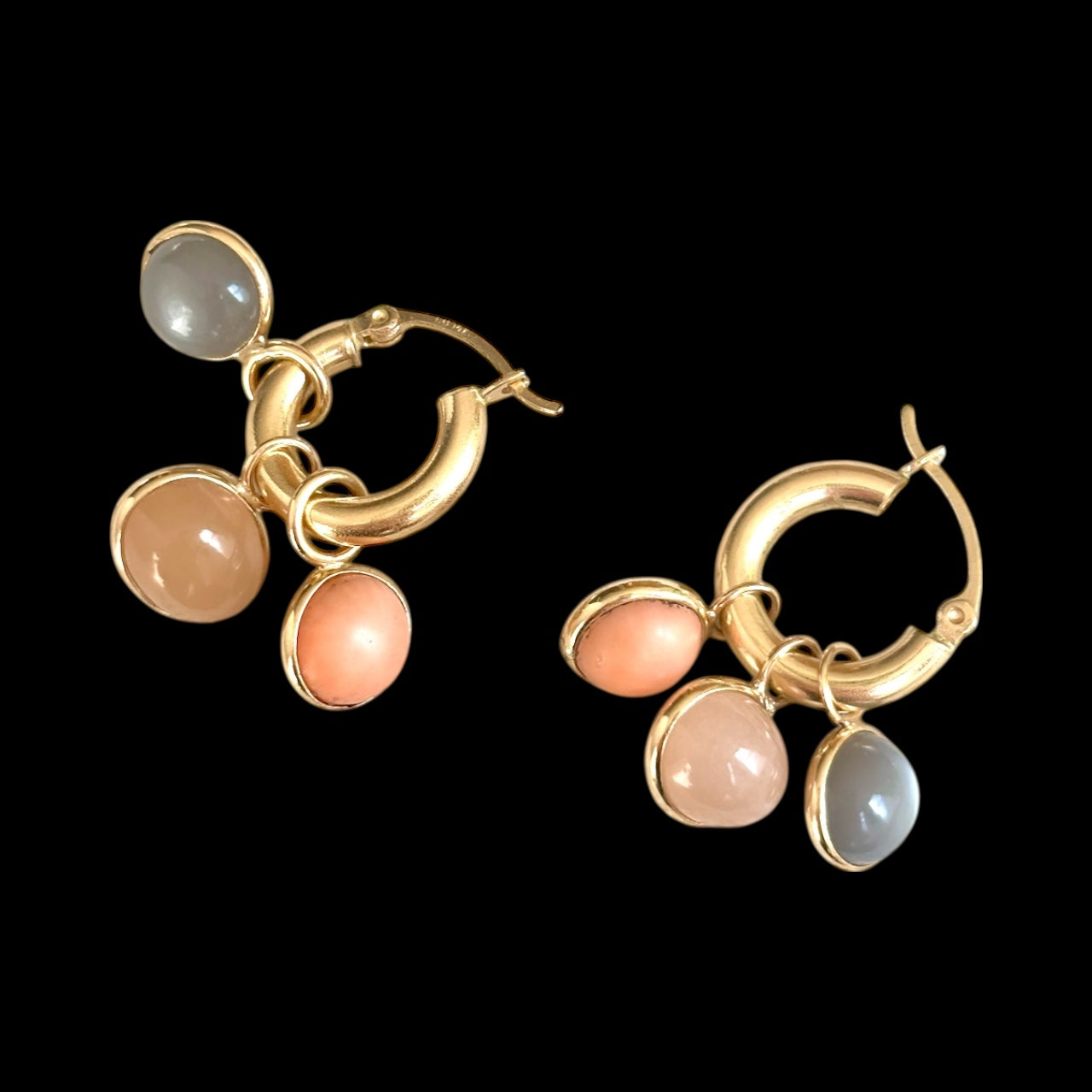 Hoop Charm Earrings with Moonstones and Coral