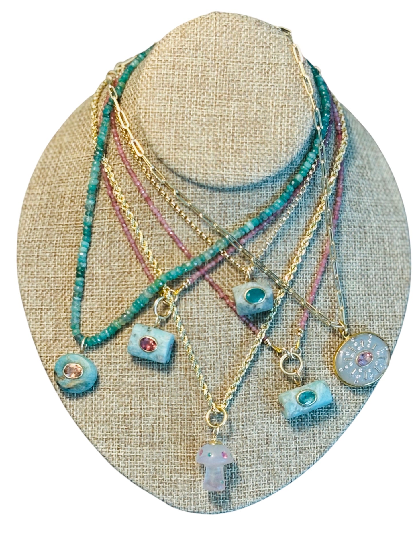 MAGIC MUSHROOM Pendant, fluorite, emeralds and pink tourmaline