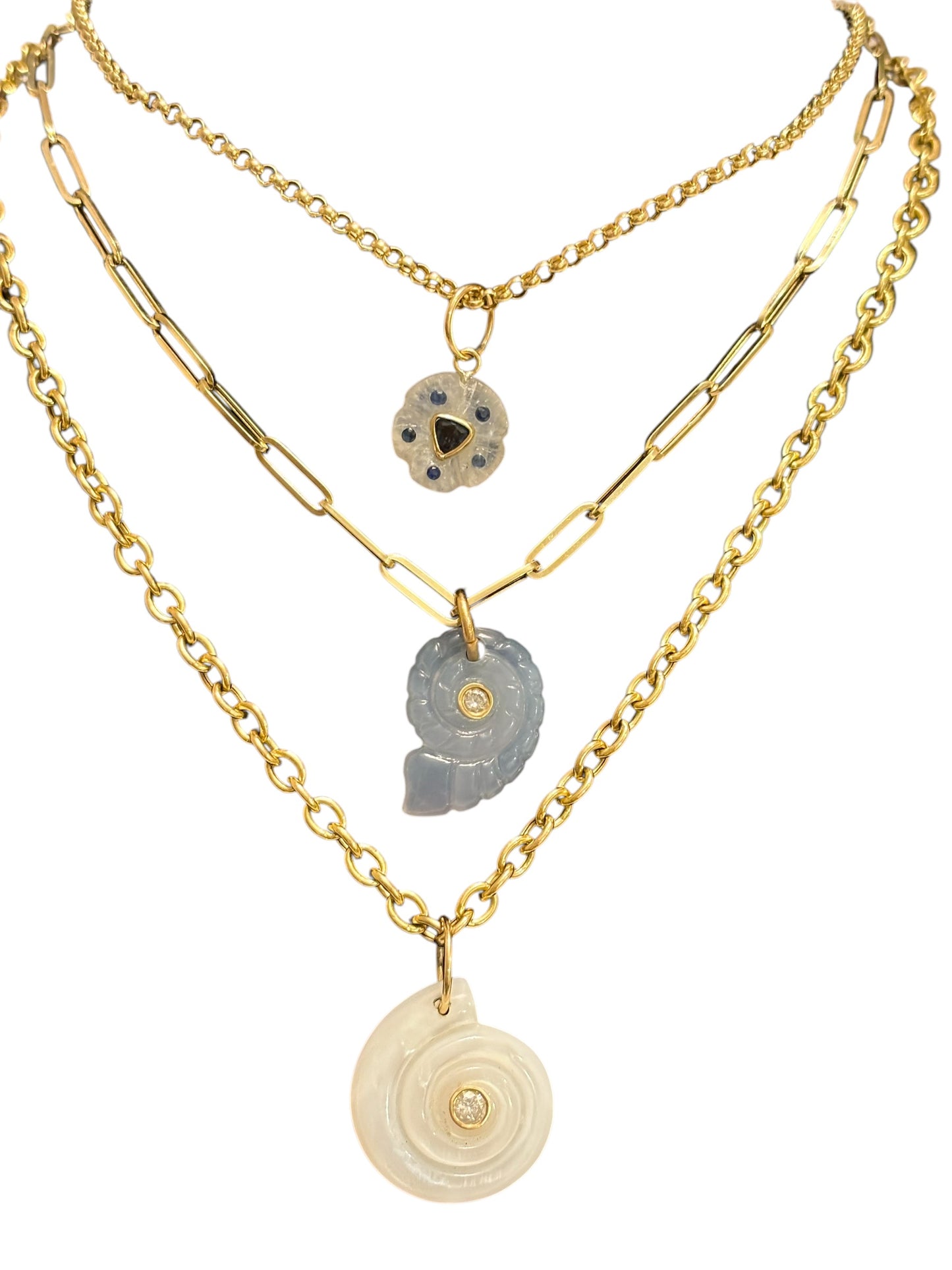 Chalcedony Nautilus Shell Pendant with Diamond and Emeralds