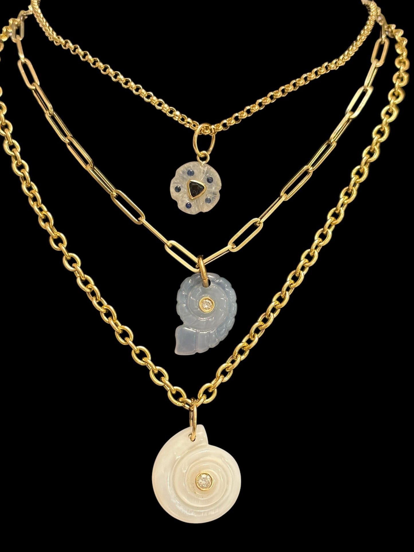 Chalcedony Nautilus Shell Pendant with Diamond and Emeralds