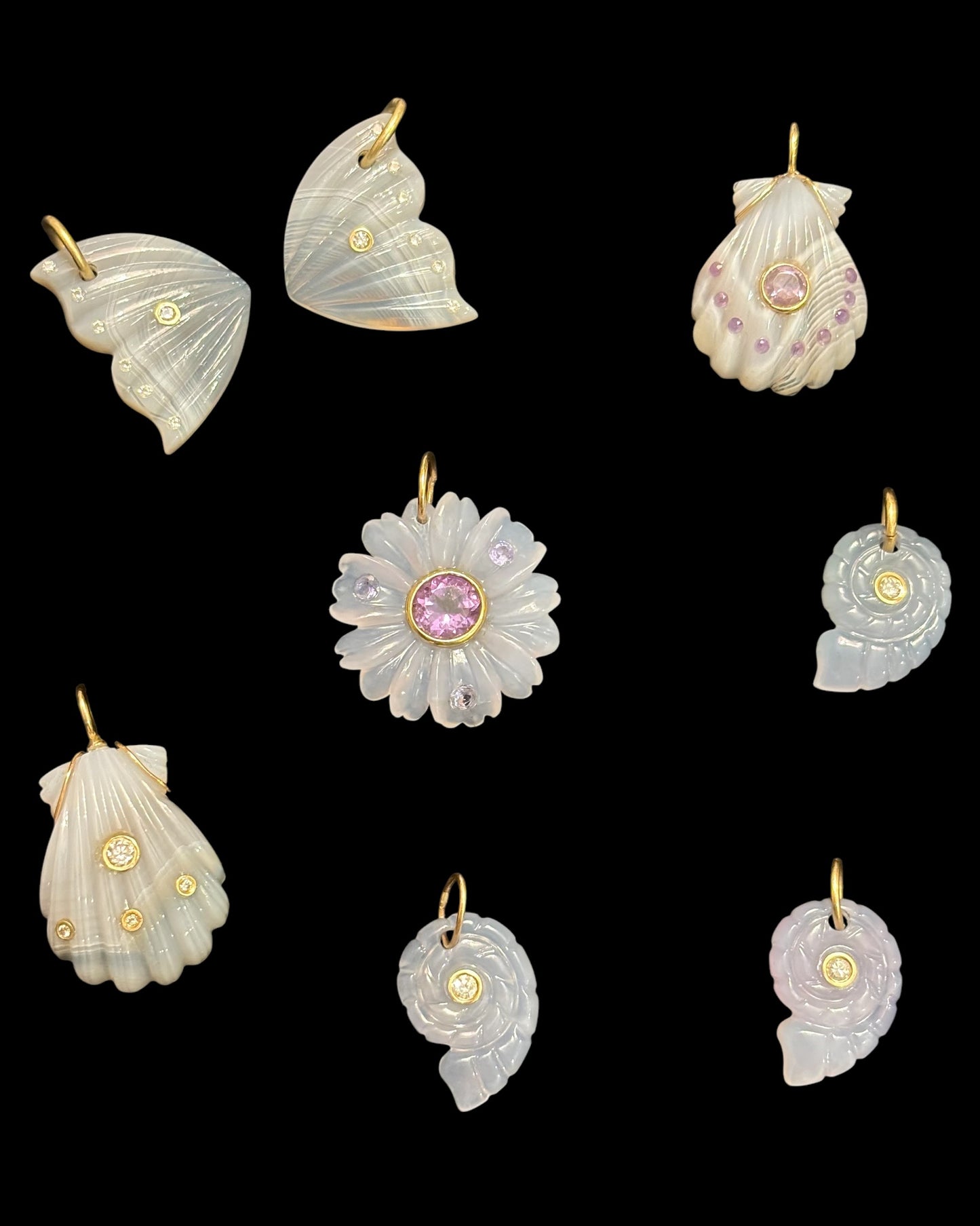 Chalcedony Nautilus Shell Pendant with Diamond and Emeralds