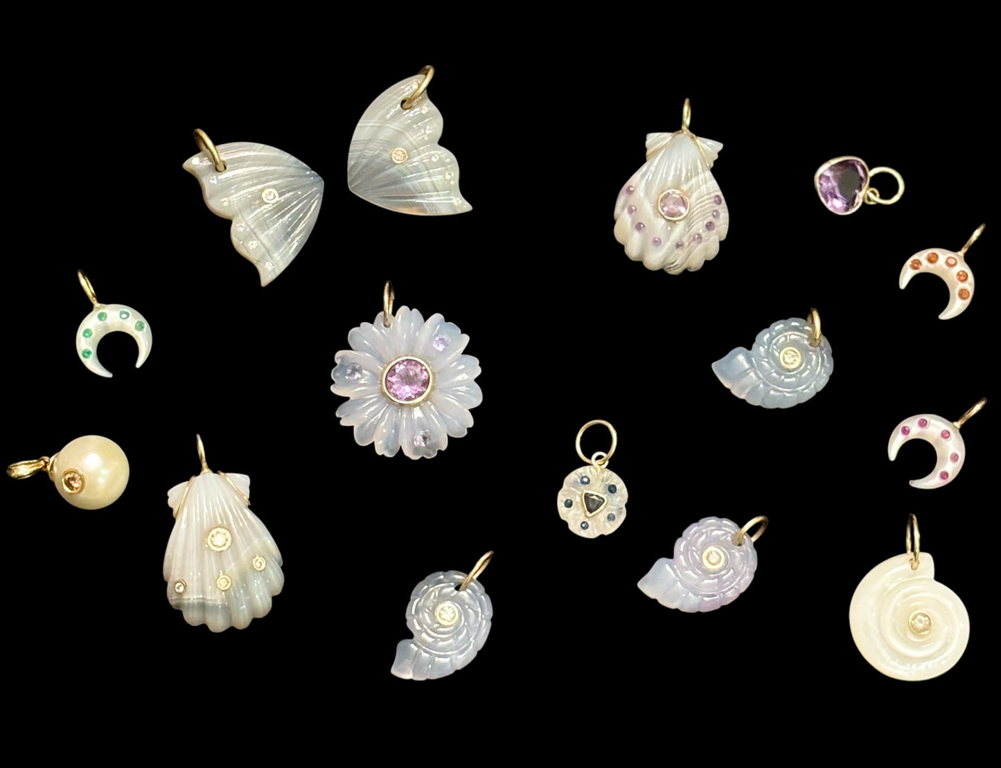 Chalcedony Nautilus Shell Pendant with Diamond and Emeralds