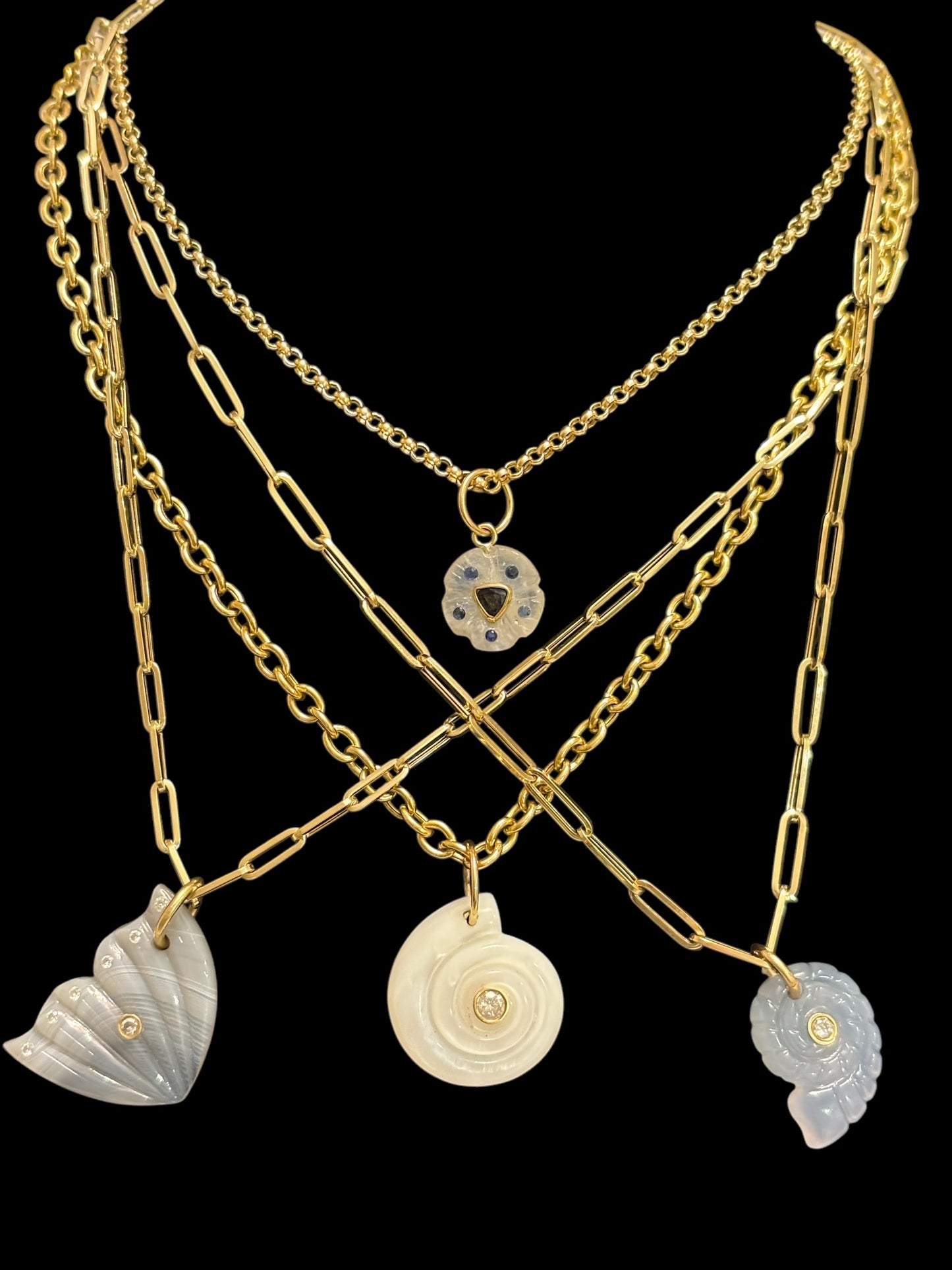 Chalcedony Nautilus Shell Pendant with Diamond and Emeralds