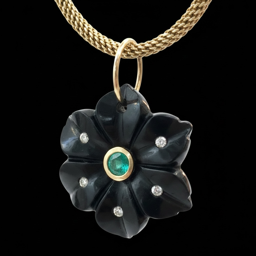 FLORA Pendant, Black Onyx with Emerald, Diamonds & 14k Gold